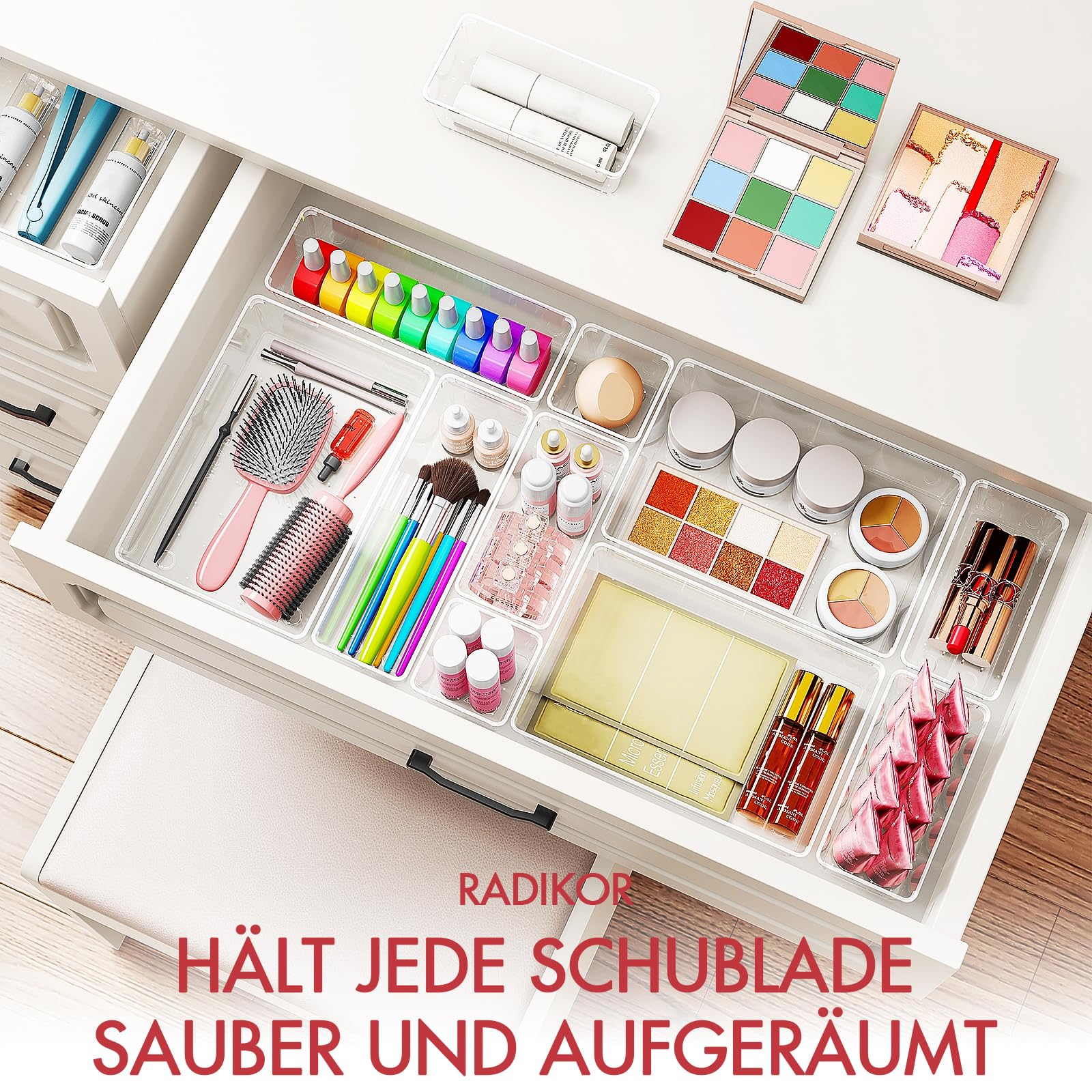 Radikor Organizer Cassetti 44 Pezzi, Organizer Trucchi Cassetti in Plastica Trasparente, 4 Dimensioni, Contenitori Cassetti per Bagno, Cucina, Trucchi, Scrivania