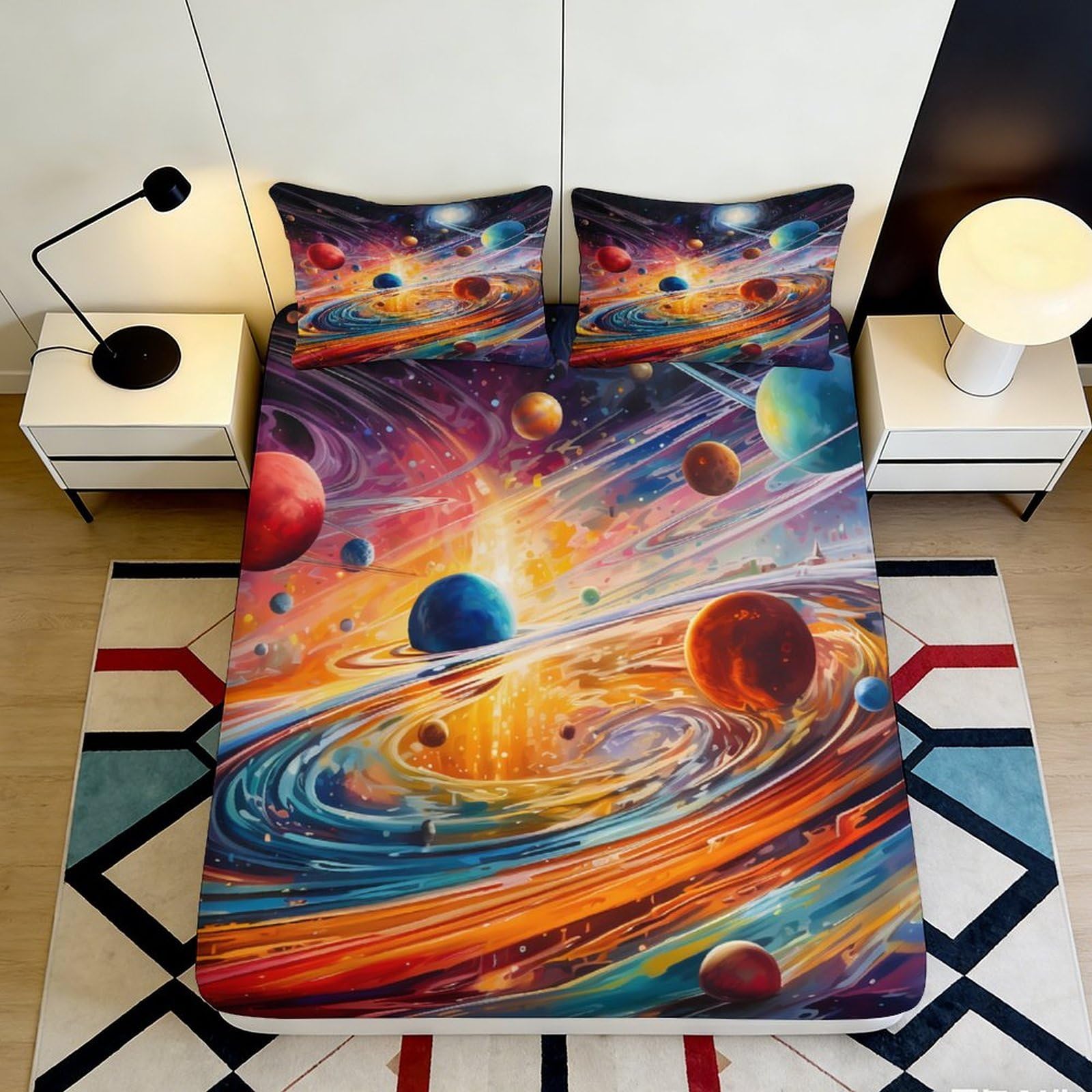 3D Printed Galaxy Planet Fitted Sheet Microfiber Vibrant Cosmic Nebula Mattress Cover Anti-Slip Machine Washable Decor 90x200x25cm