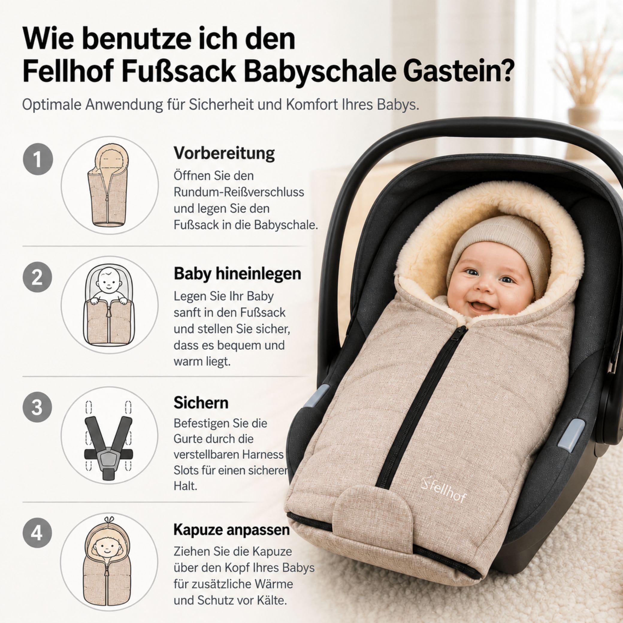 Fellhof Fußsack Babyschale Gastein, Einschlagdecke | Kinderhaus Blaubär: für Babywanne & Neugeborene, 100% Merino-Lammfell, atmungsaktiv & waschbar