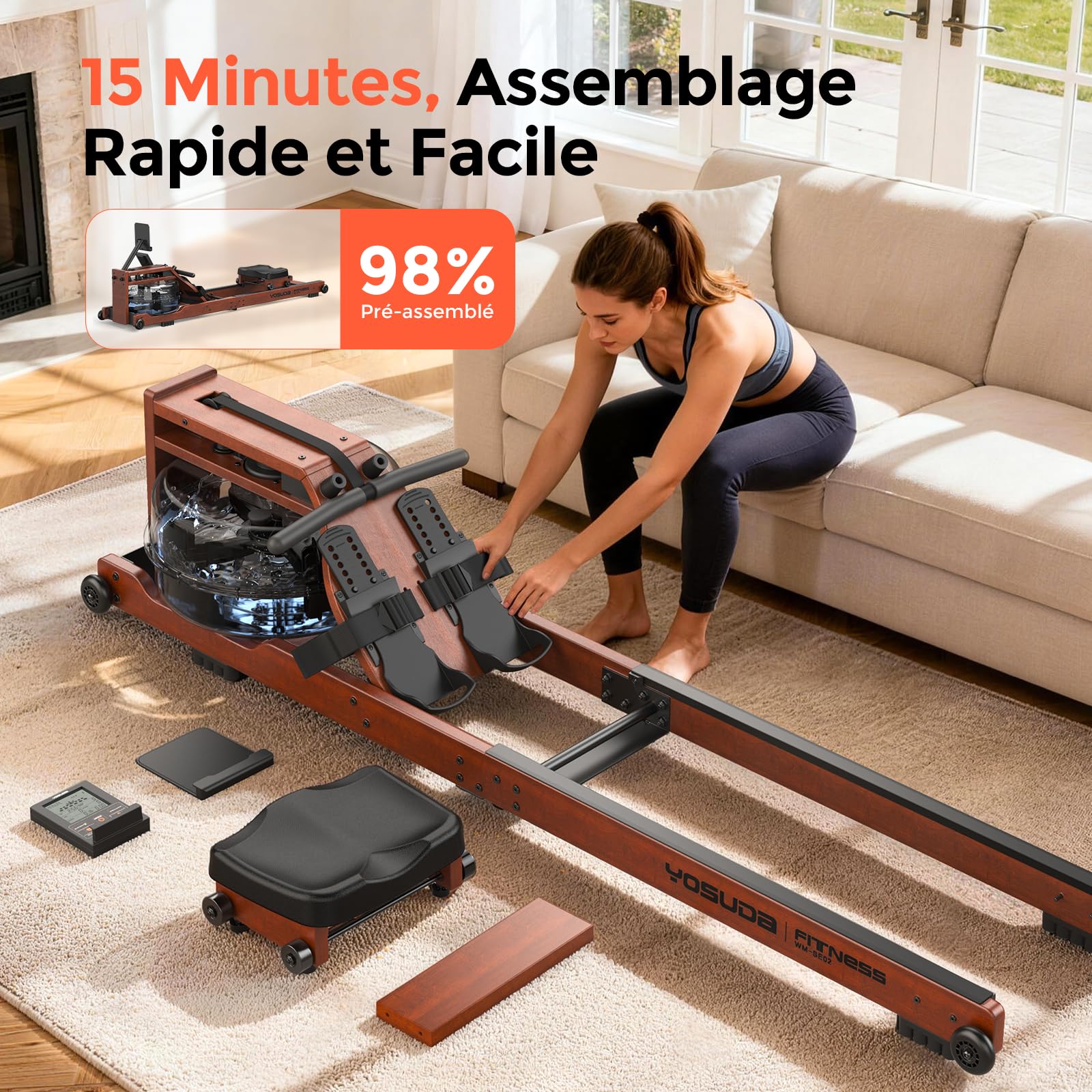 YOSUDA 2026 Nouveau Rameur Pliable Appartement, avec Grand réservoir 22L, APP/Bluetooth, Ultra-Silencieux, Support téléphone réglable, capacité Max. 190cm/182kg et pré-assemblé à 98%, Rameur a Eau