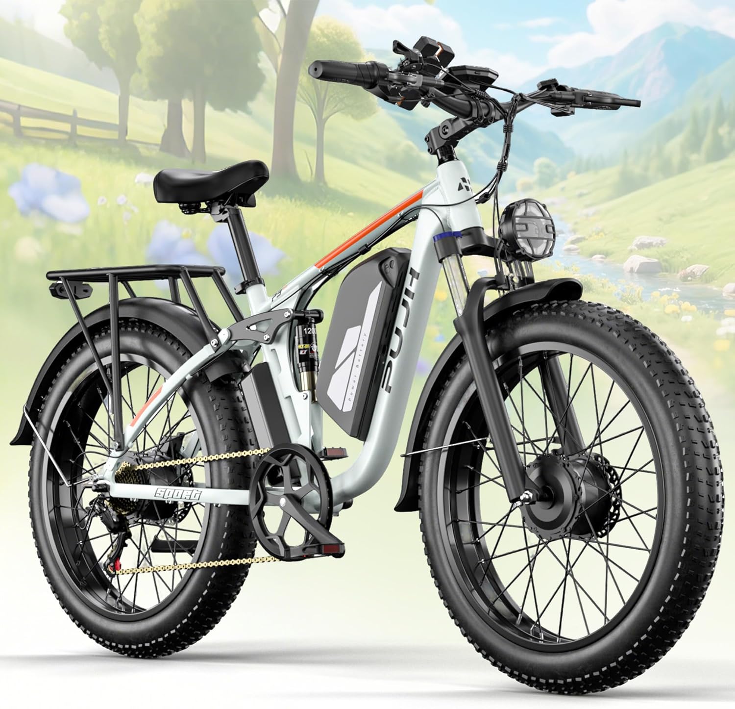 PUJH 6000W Dual Motor Fat Tire Electric Bike: 60V 20Ah, 45 MPH, 100+ Mile Range, Full Suspension All-Terrain E-Bike for Adults
