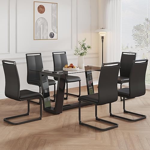 Conjunto de mesa de comedor de cristal Ebullient para 6, juego de mesa de comedor moderna para 6, tablero de vidrio templado con patas trapezoidales