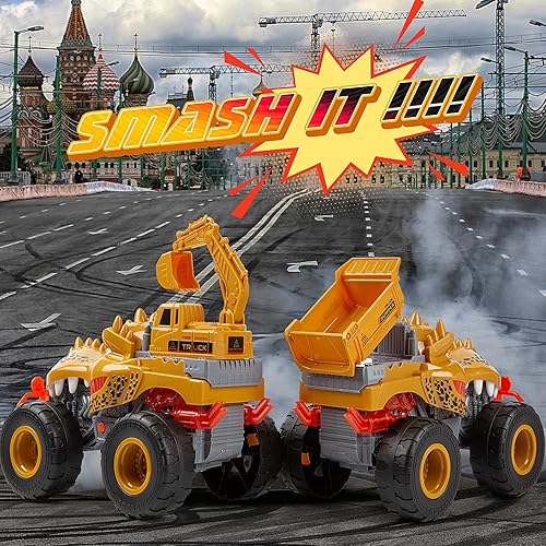 Miniatura 5 de Veslier Juguete de camión monstruo de dinosaurio para niños de 3, 4, 5, 6, 7 años, luces y sonidos, camión de transporte grande para niños