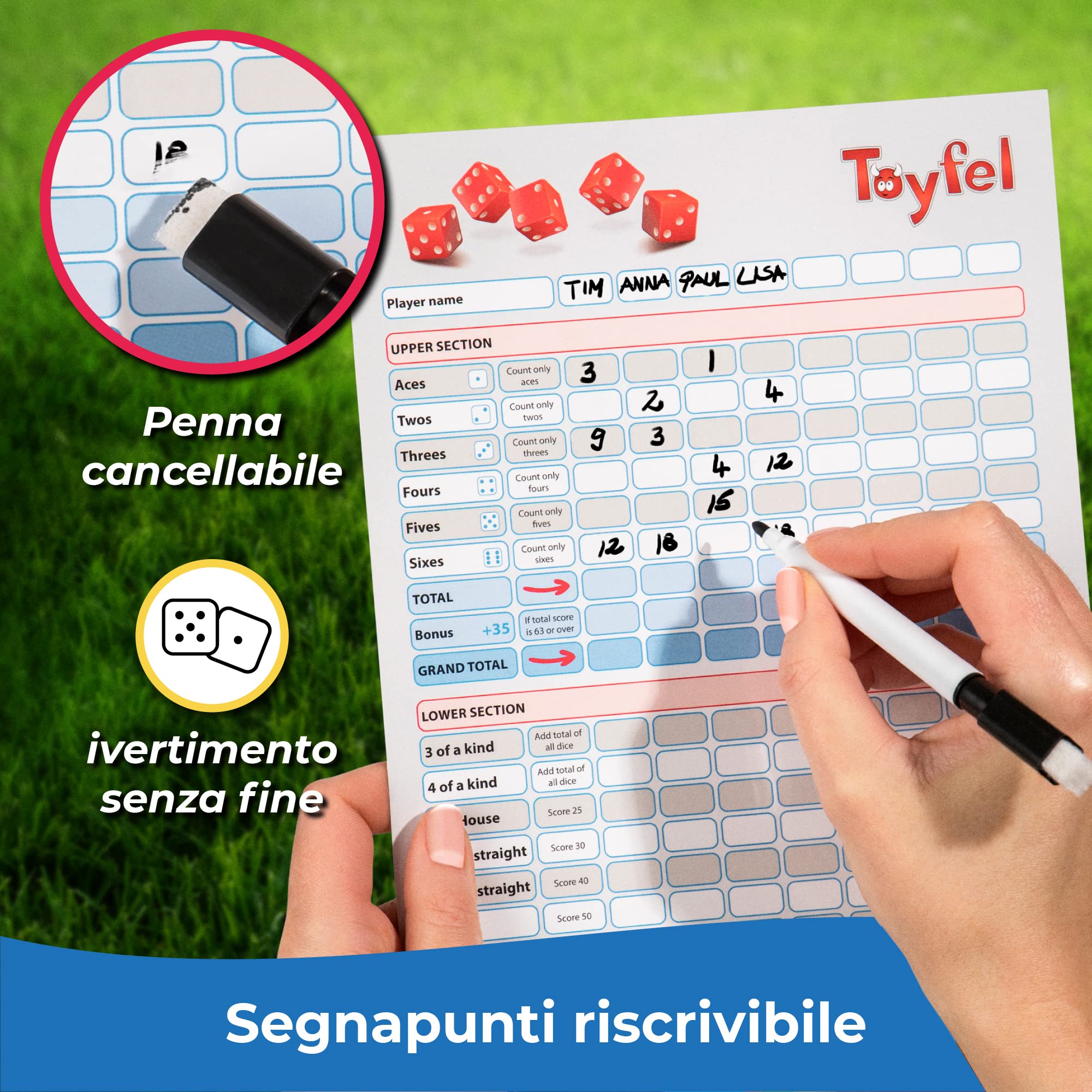 Toyfel Gioco di Dadi XXL in Legno di Pino FSC® per Bambini e Adulti | 9cm indoor e outdoor 6 giganti con scatola di trasporto incl. tabellone e matita grandezza giardino interno famiglia Chuck