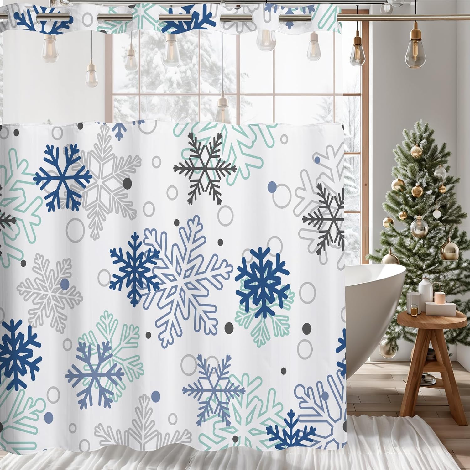 MEHOFOND No Hook Winter Snowflake Shower Curtain, Hookless Christmas Shower Curtain,Light Blue Xmas New Year Holiday Bathroom Bathtubs Decor with Snap in Liner, Waterproof Polyester Fabric 71X74in