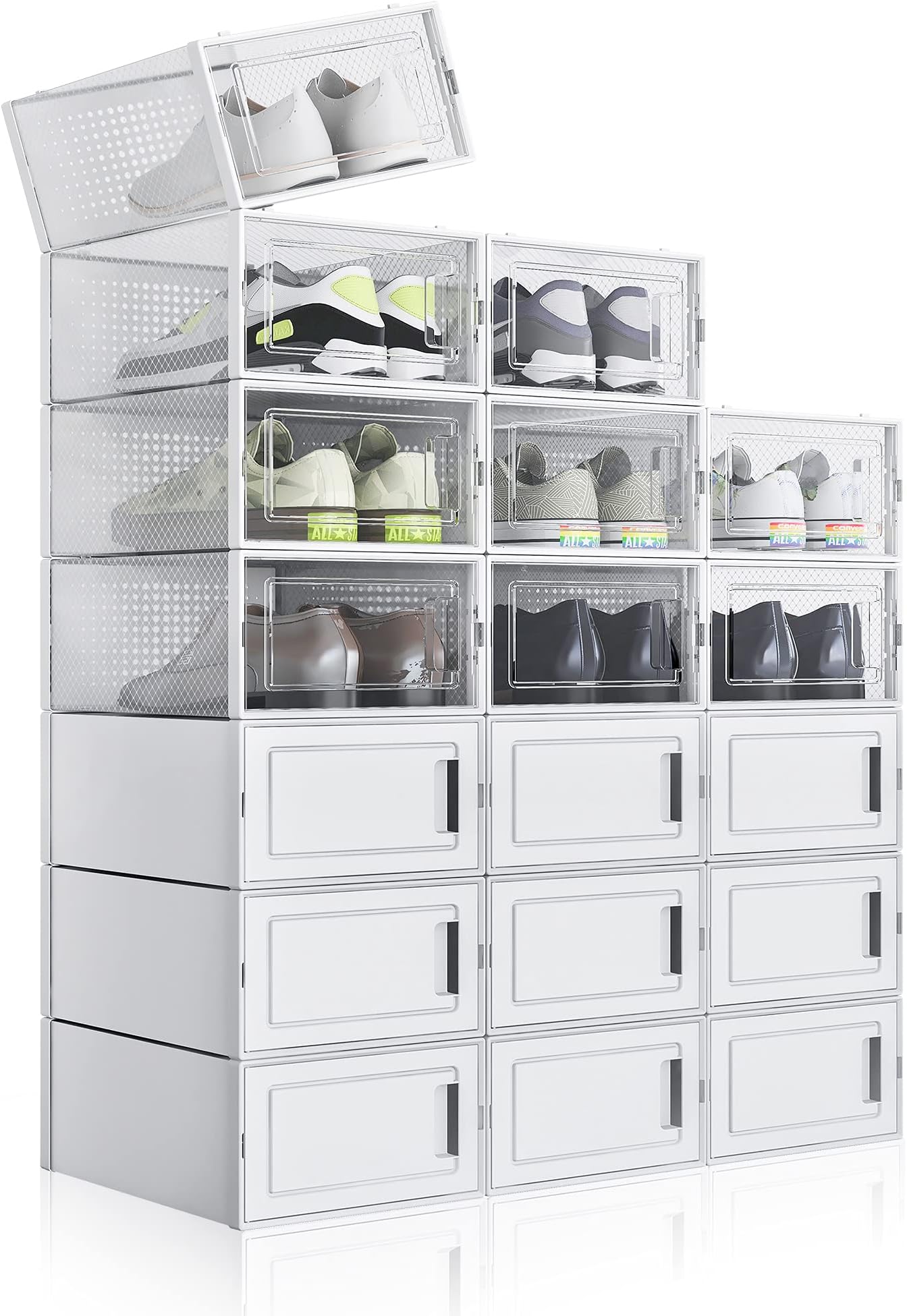 WAYTRIM 18 Pack Plastic Shoe Storage Box Flodable Shoe Storage Organizer Drop Front Shoe Storage Bins with Lids for Women Size 11,Saving Space Sneaker Shoe Container for Closets,Clear and White Set