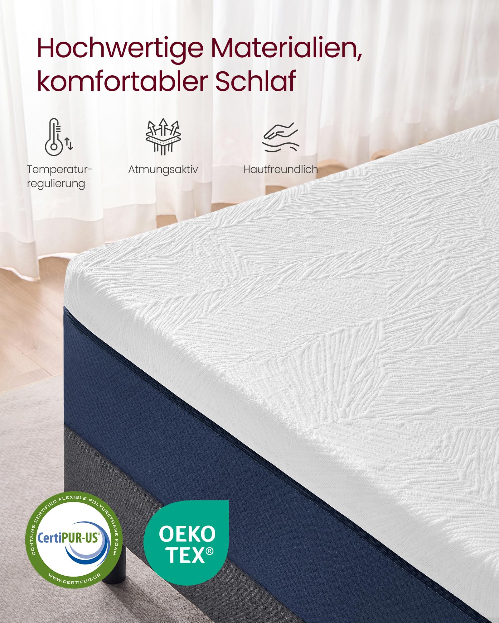 VASAGLE Matratze, 90 x 200 cm, Einzelmatratze aus Gel-Memory-Schaumstoff, mittelfest, H3, 7-Zonen-Unterstützung, atmungsaktiv, Abnehmbarer, maschinenwaschbarer Bezug, 20 cm dick, blau RMZ122QZ01