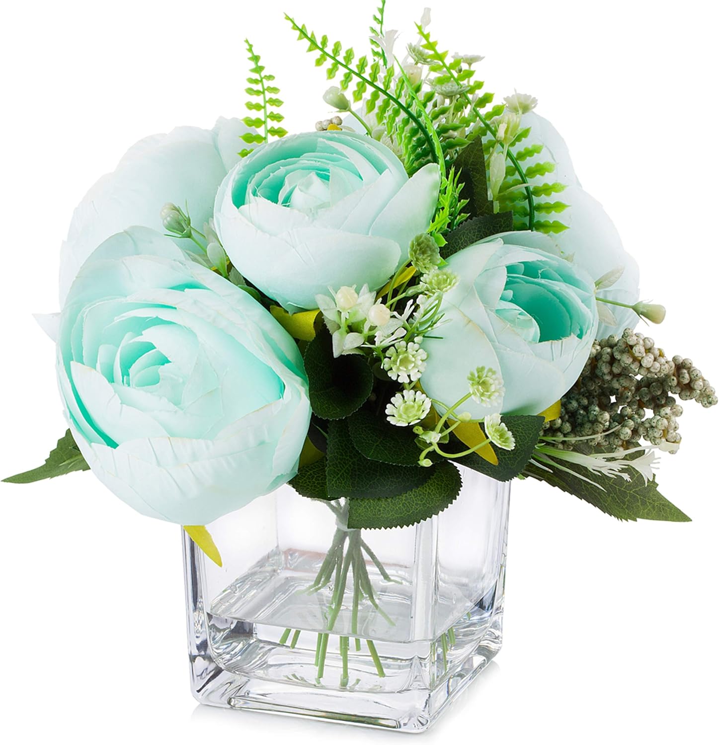 ENOVA HOME Mixed Artificial Silk Peony Flowers Arrangement in Cube Glass Vase for Home Wedding Decoration (Purple Beige)