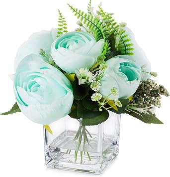 Mixed Artificial Silk Peony Flowers Arrangement in Cube Glass Vase for Home Wedding Decoration Azure