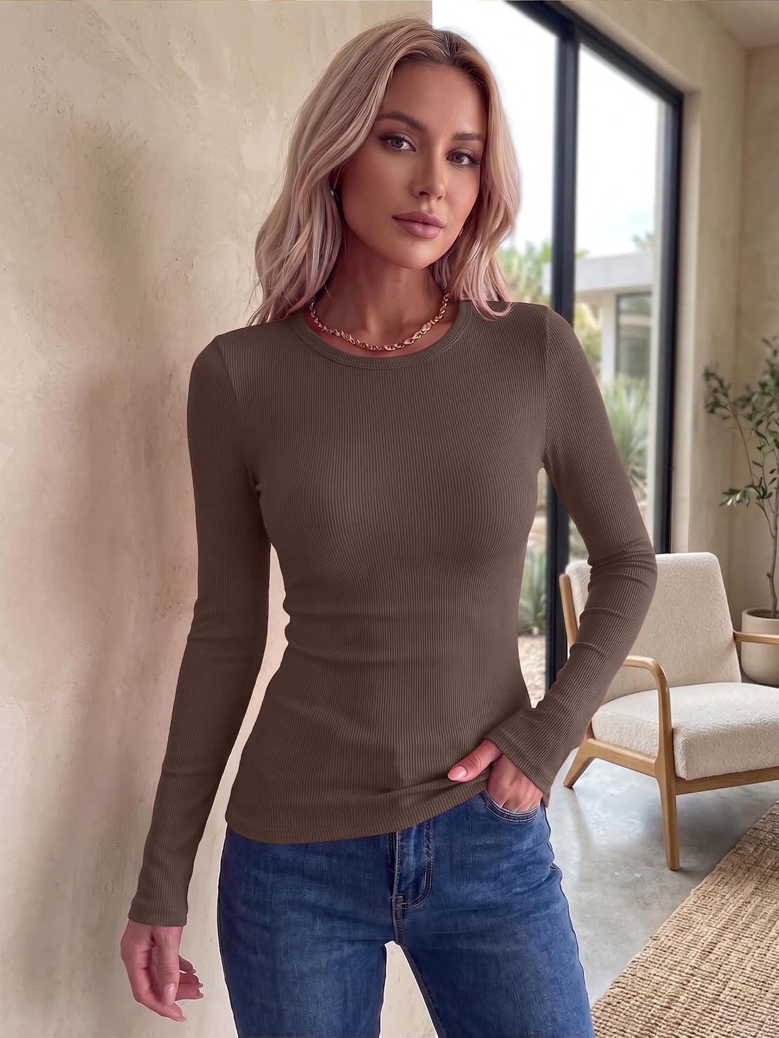  Women Long Sleeve Shirts Ribbed Tops Crewneck Basic Tee thumbnail