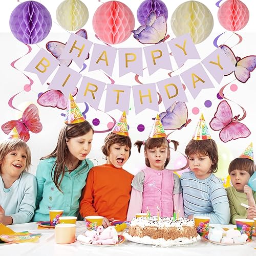 Miniatura 3 de meowtastic Decoraciones de cumpleaños moradas  Cartel de feliz cumpleaños con 16 mariposas colgantes en espiral, 12 bolas de panal, guirnalda de