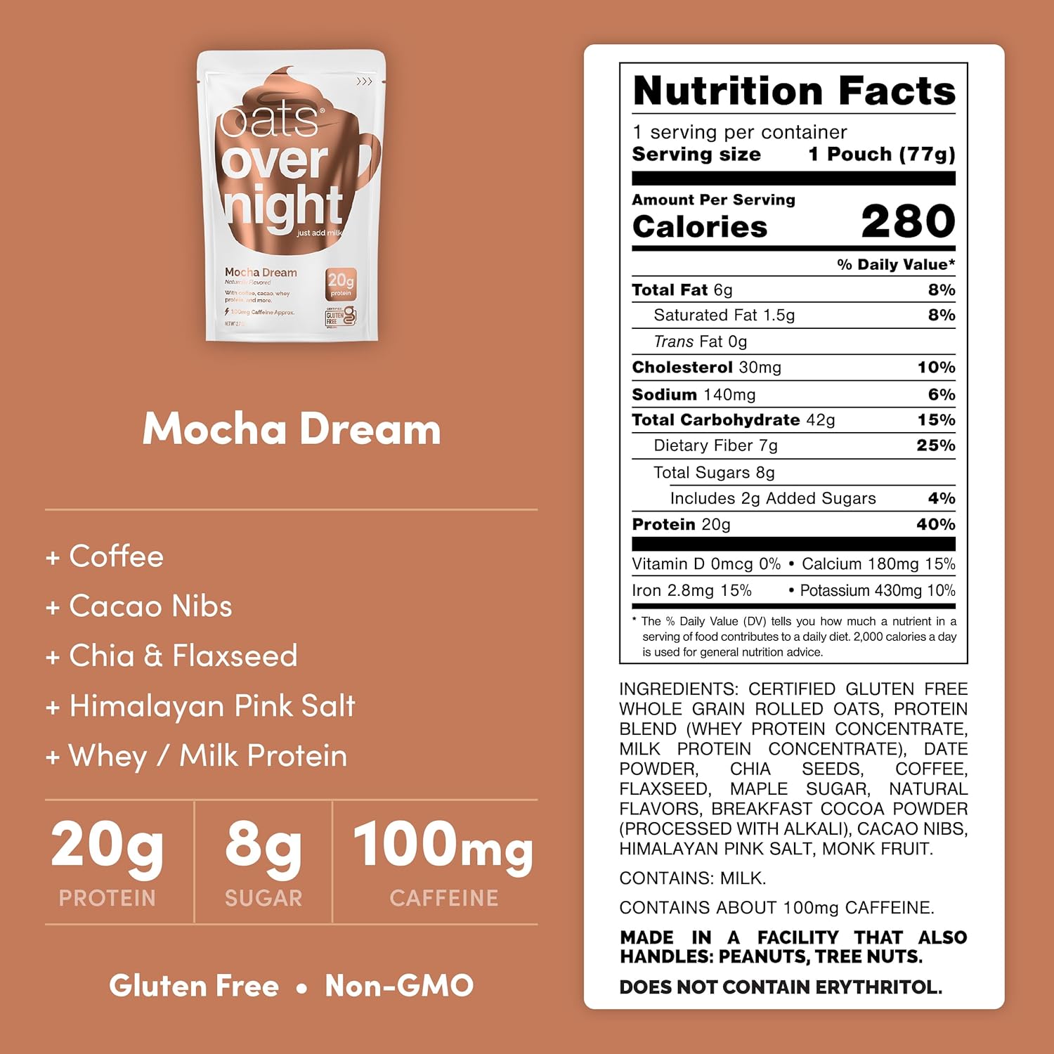 Oats Overnight - Mocha Dream - 20g Protein, High Fiber Breakfast Shake 100mg Caffeine - Gluten Free, Non GMO Oatmeal (2.7 oz per meal) (8 Pack)