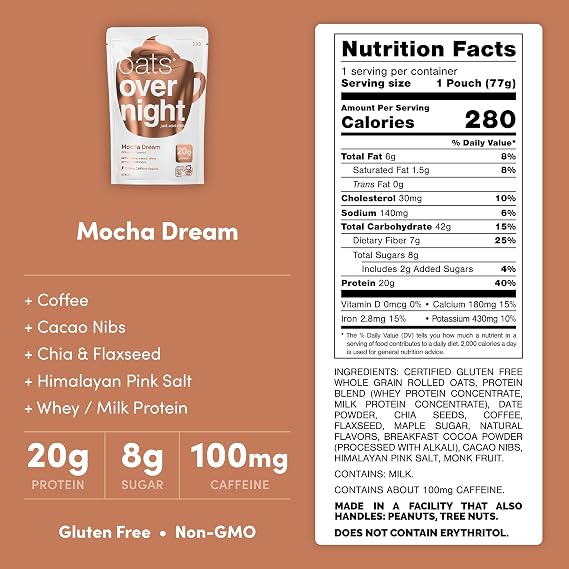 Oats Overnight Mocha Chip High Protein Oatmeal, 2.7 oz, 24 Pack