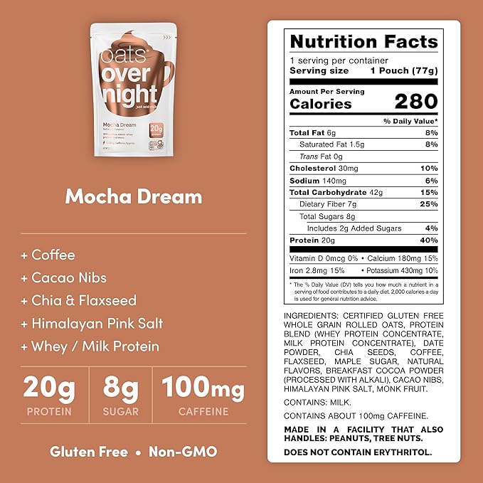 Oats Overnight - Mocha Dream - 20g Proteína, Avena Alta en Fibra (Paquete de 8 + Botella) miniatura 2