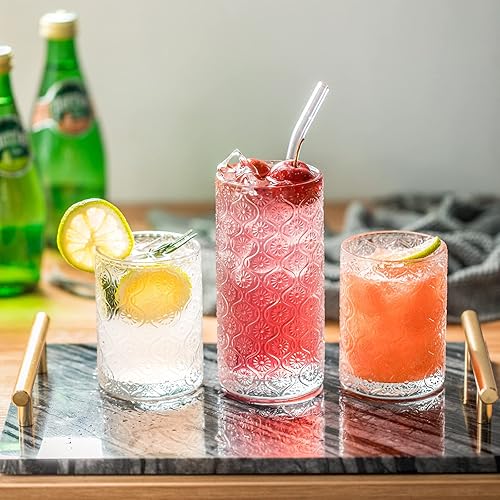 Miniatura 9 de Juego de 4 vasos de vidrio vintage, vasos para beber de 12.5 onzas, estilo estampado en relieve, juego de vasos de cóctel transparentes, para café