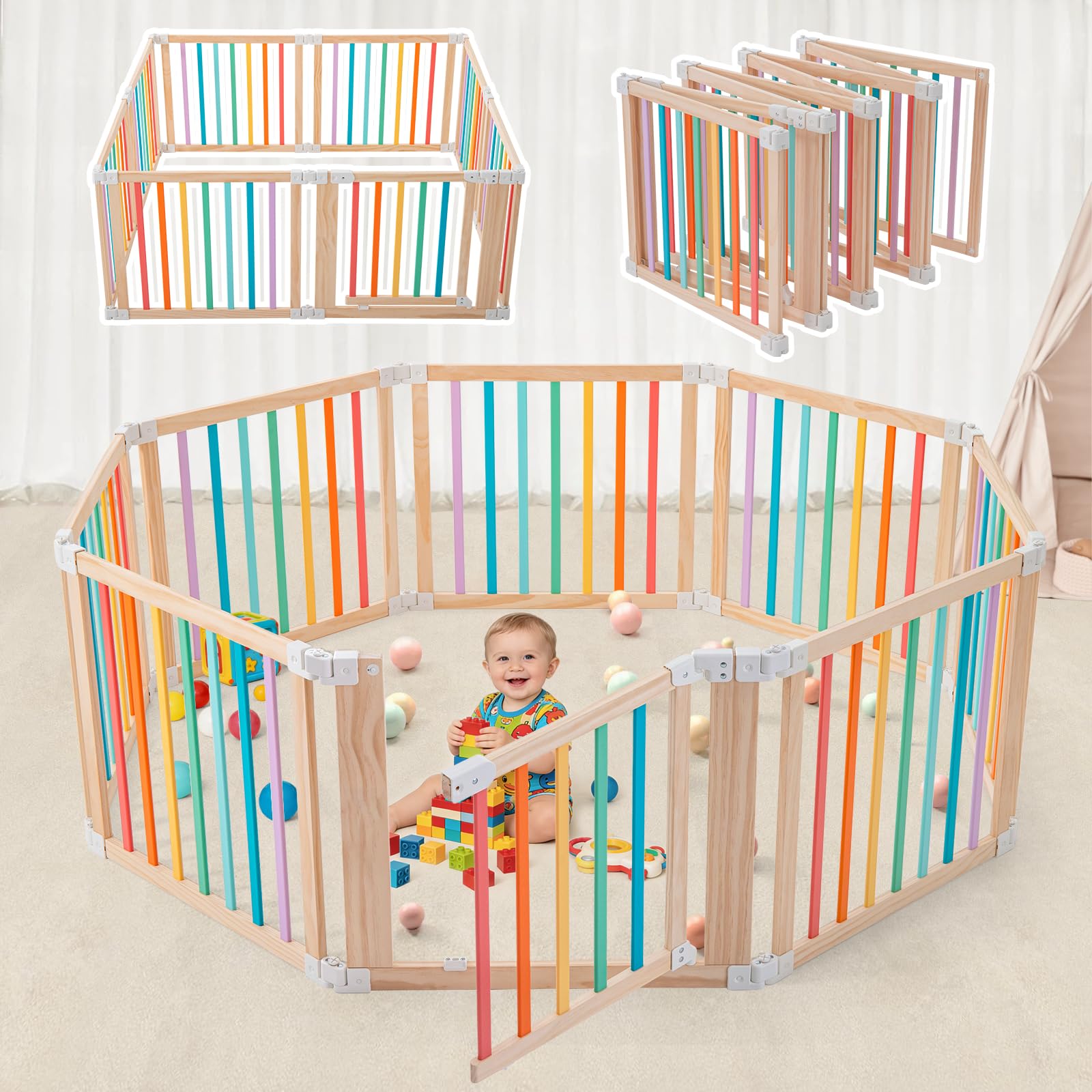Foldable Wooden Playpen-61x61x25in-Large Baby Gate Playpen with Child-Proof Lock-Easy Assembly, Portable Design for Babies & Toddlers- Shape& Size