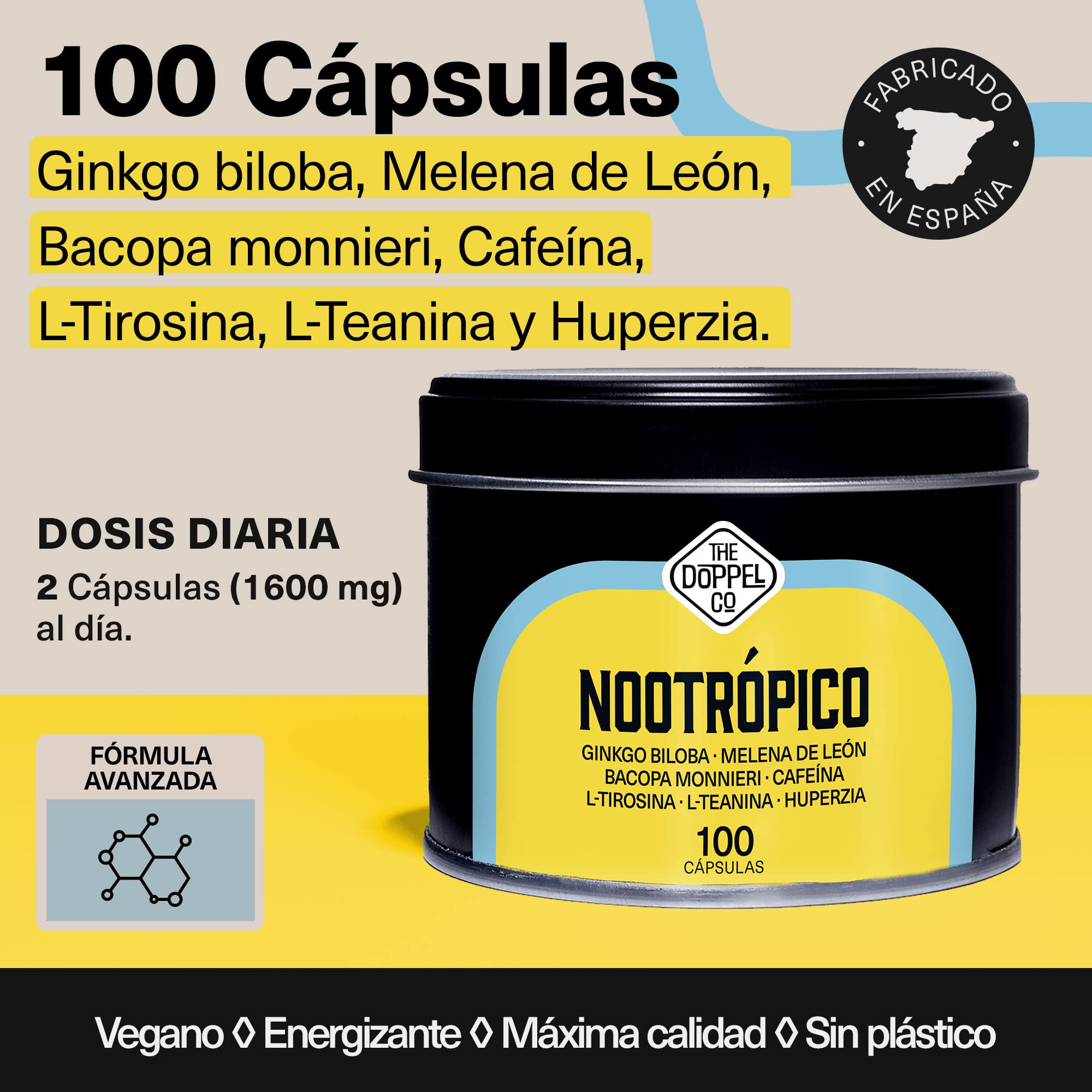 100 Cápsulas de Nootrópico Natural - 800 mg - Memoria, Concentración, Energía - Ginkgo Biloba, Melena de Leon, Cafeina, Bacopa Monnieri, Tirosina, Teanina, Huperzia - Fabricado en España