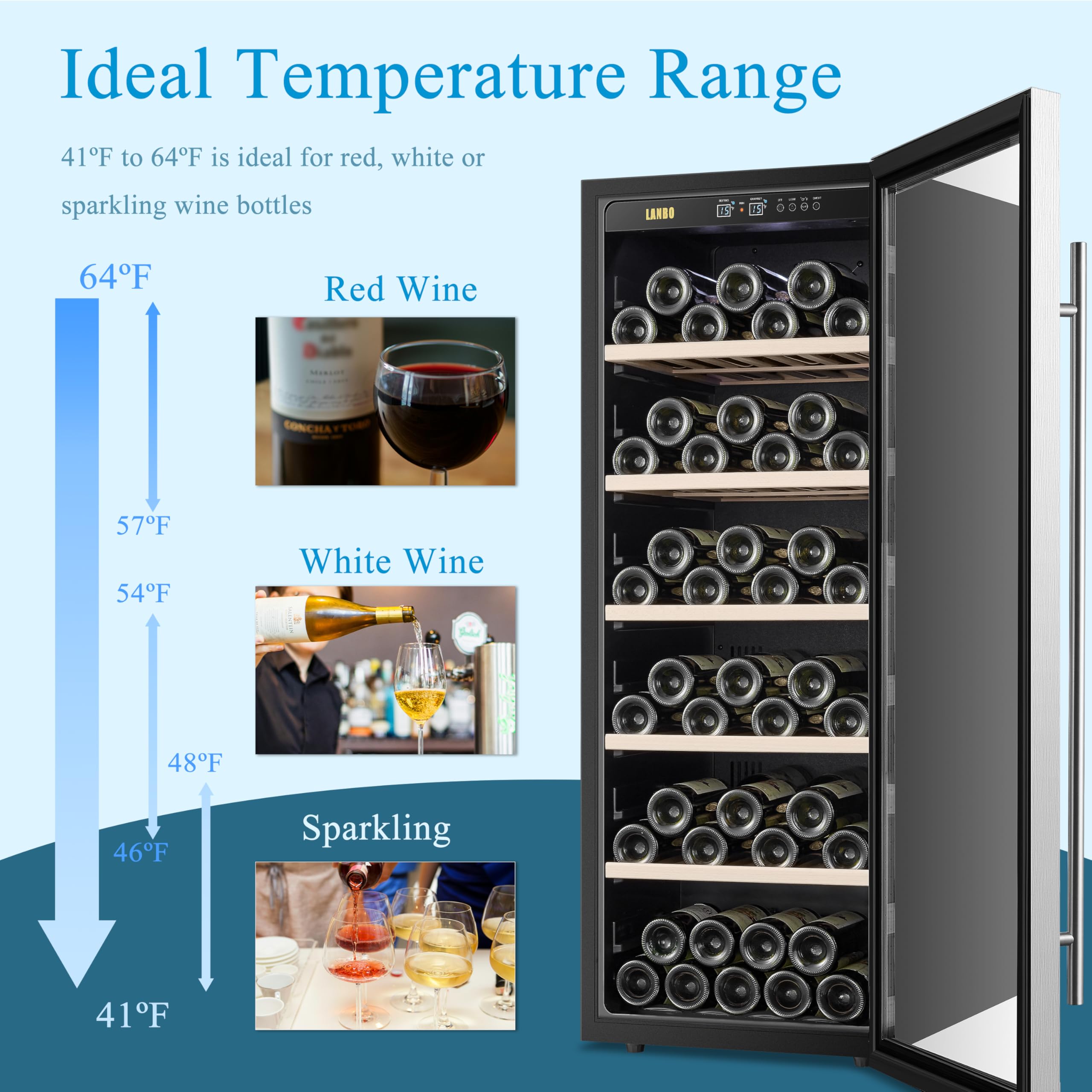 Lanbo 20 Inch 69 Bottle Freestanding Wine Cooler with Beechwood Shelves, Child Lock and Digital Touch Control