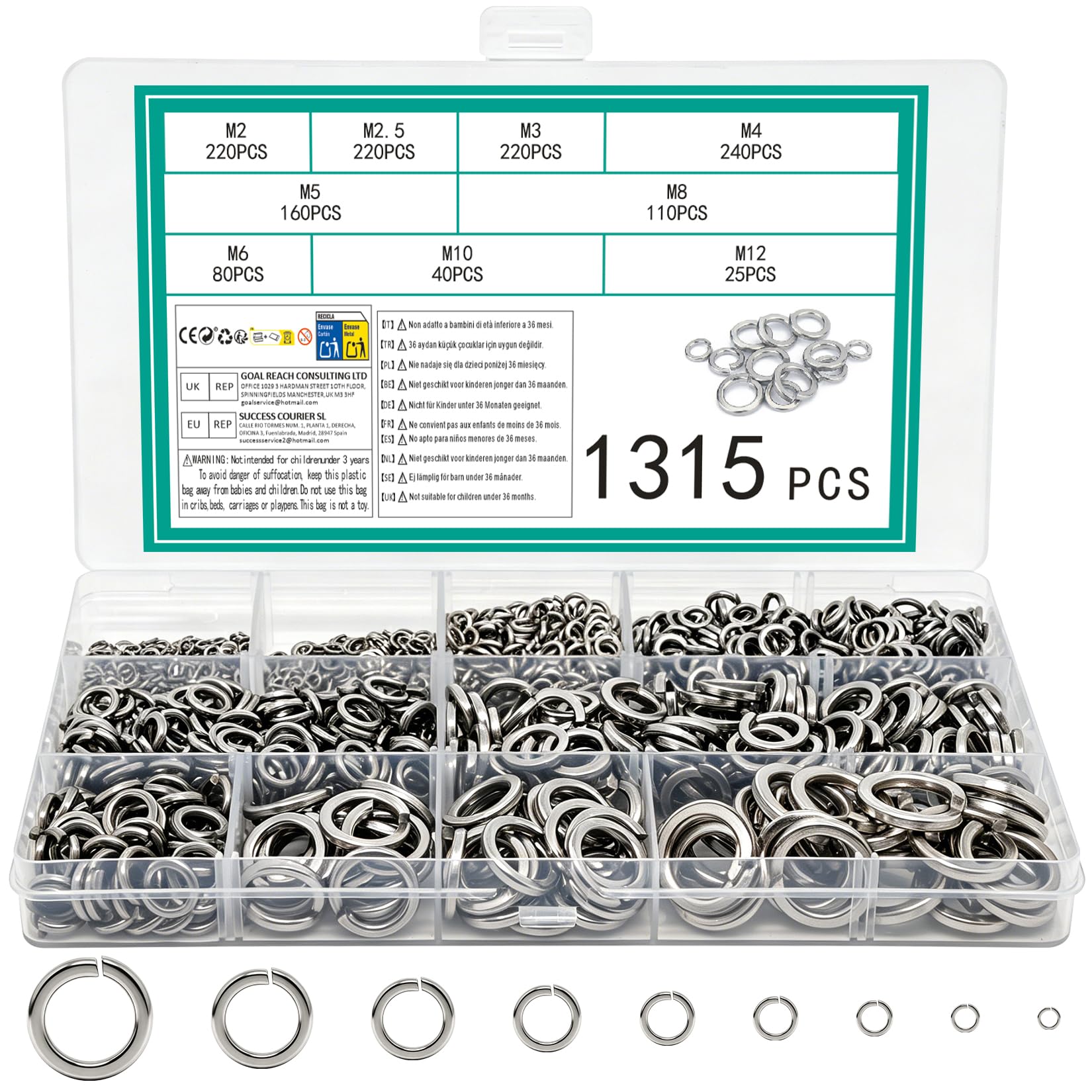YINKUOSSAA 1315 Pcs Spring Washers Assorted, Spring Lock Washers Assortment, Metric Stainless Steel Split Locking Washerss for Screws Bolts(M2 M2.5 M3 M4 M5 M6 M8 M10 M12)
