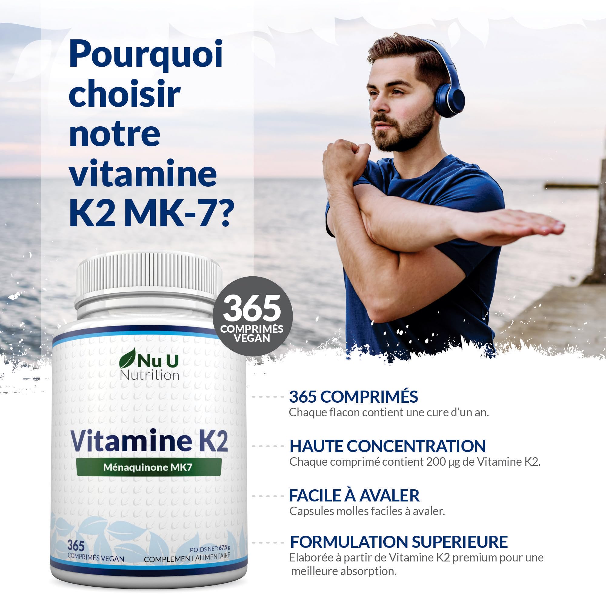 Vitamine K2 MK7 200mcg - 365 Comprimés Végétaliens - Vit K2 Ménaquinone MK7 Natto Trans-isomère - Un An d'Approvisionnement - Fabriqué en Europe - Nu U Nutrition