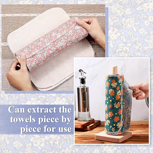 Miniatura 4 de 50 toallas de papel reutilizables sin papel, paños de algodón reutilizables, absorbentes, lavables, con rollo, paños de cocina sin papel (flor)