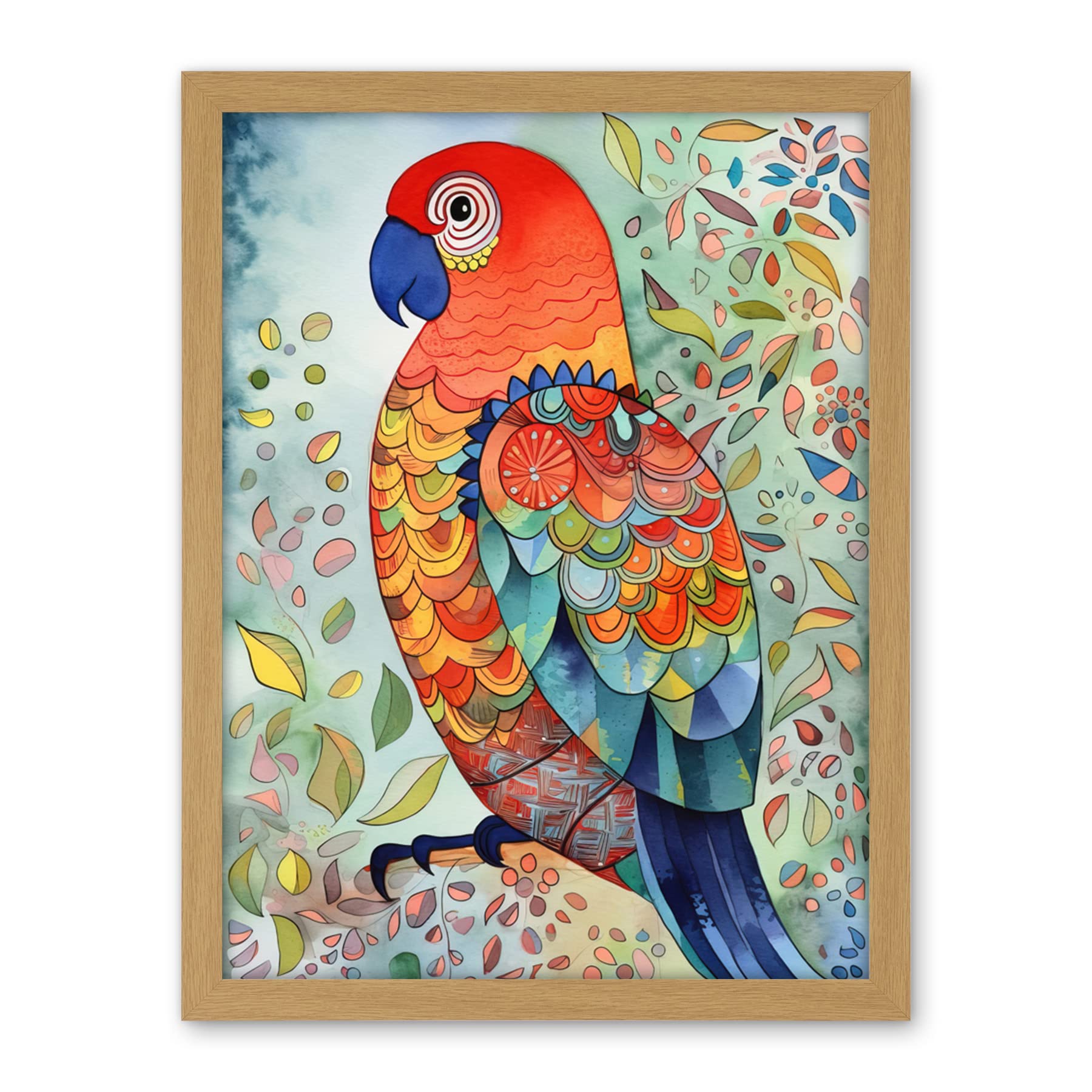 Artery8 Parrot Bird Portrait Folk Art Watercolour Painting Artwork Framed Wall Art Print 18X24 Inch