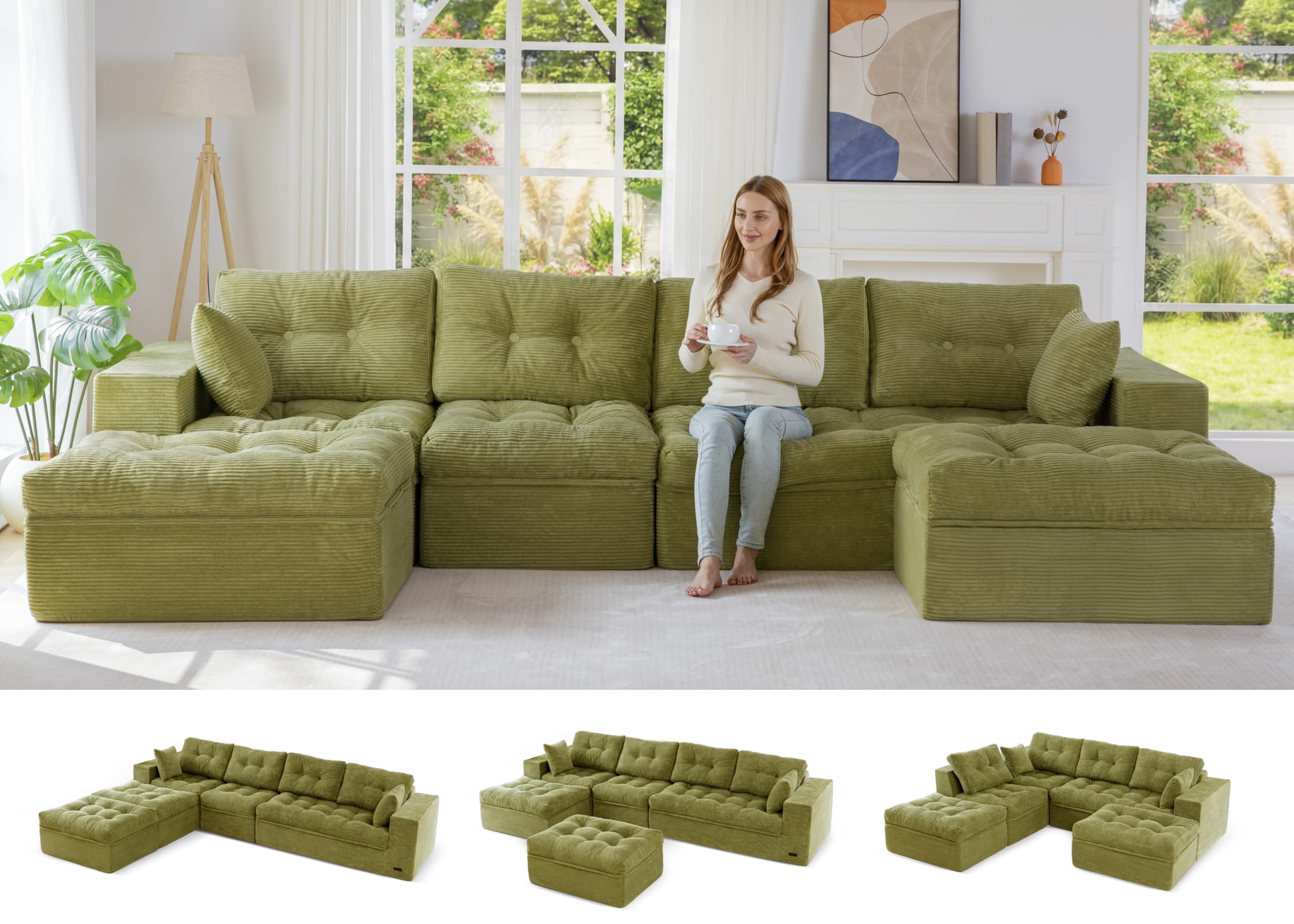 MAXYOYO Boneless Couch, 132-Inch U-Shaped Cloud Couch with Ottoman