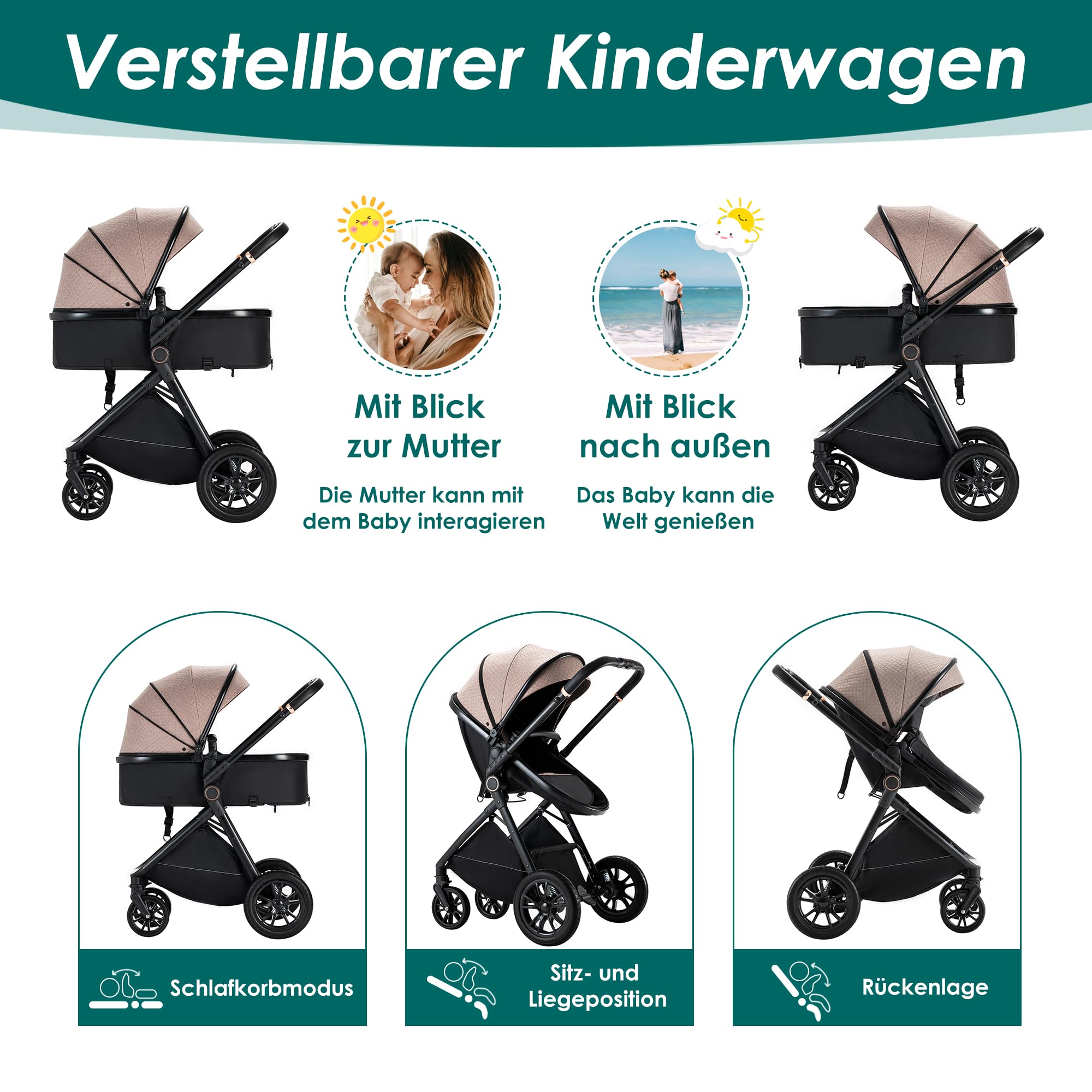 Kinderwagen 3 in 1, Kinderwagen, Zusammenklappbar kombikinderwagen 3 in 1 komplettset inkl. Becherhalter, Moskitonetz, Fußabdeckung, Regenschutz, Kinderwagen for 0-36 Monate, Khaki