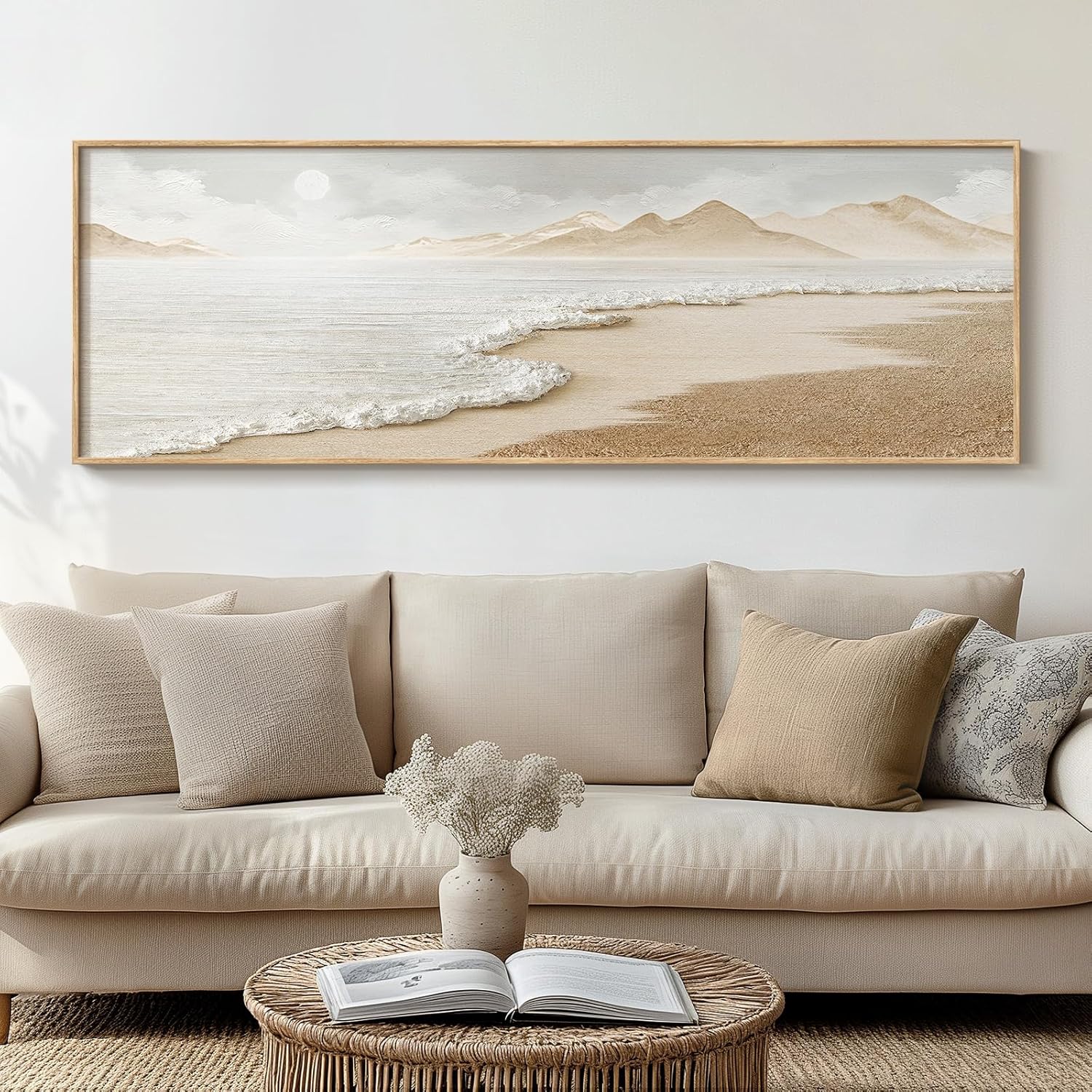 Framed Boho Abstract Beach Wall Art for Living Room, Large Neutral Coastal Canvas Prints Artwork for Walls, Set of 3 Piece Modern Minimalist Ocean Picture Print for Hallway Office Wall Decor, 24x36 In