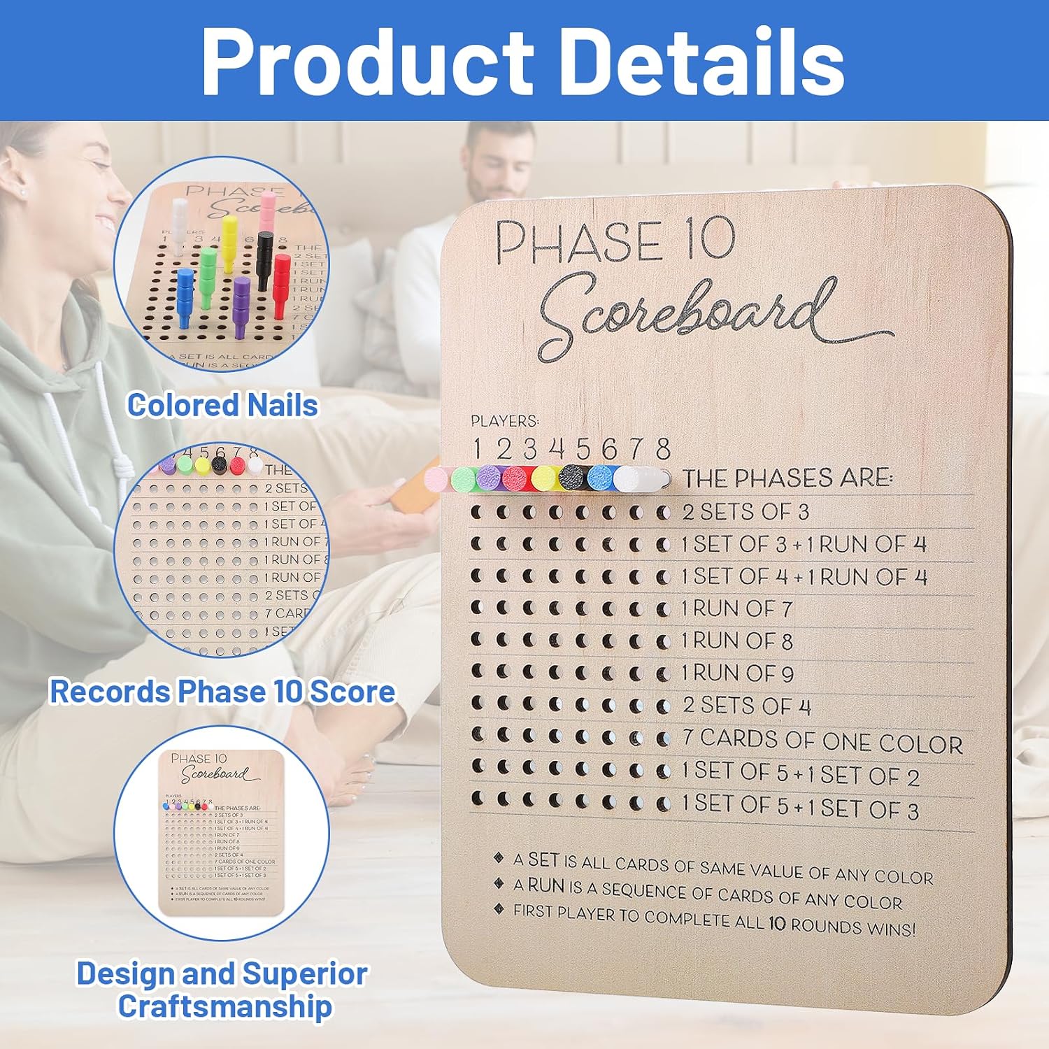 Phase 10 Score Board, 2026 Wooden Phase 10 Scoreboard with 8 Colored Pegs Round Fun Board Card Games for Back Yard Party Family Game image 3
