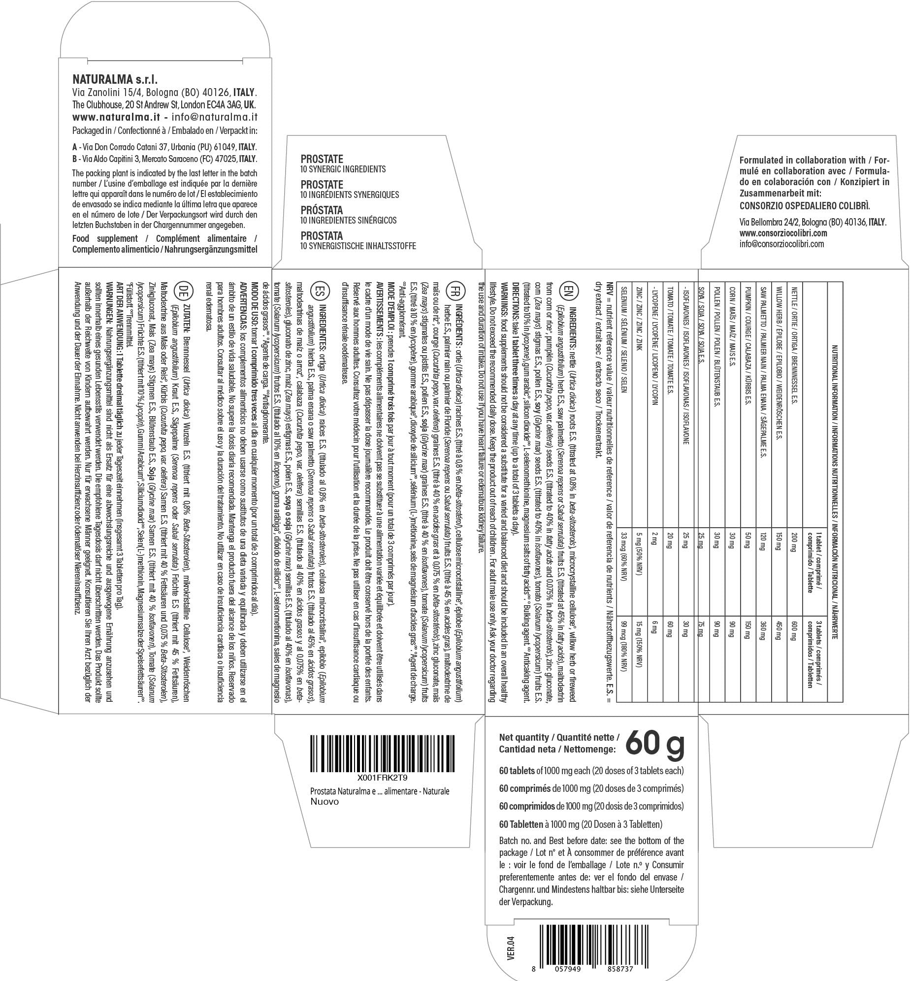 Prostata Naturalma e Consorzio Colibrì 60 compresse da 1000 mg - Ortica, Epilobio, Serenoa, Zucca, Mais, Polline, Soia, Licopene, Zinco e Selenio - Integratore alimentare - Naturale
