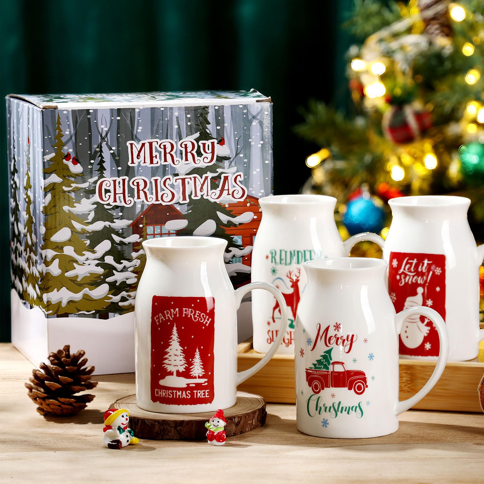 Hushee 4 tazas de cerámica de Navidad de 9.5 onzas con caja de regalo, tazas de café con diseño de patrón festivo, reno, árbol de Navidad, cacao caliente, tazas de café de Navidad para té, chocolate