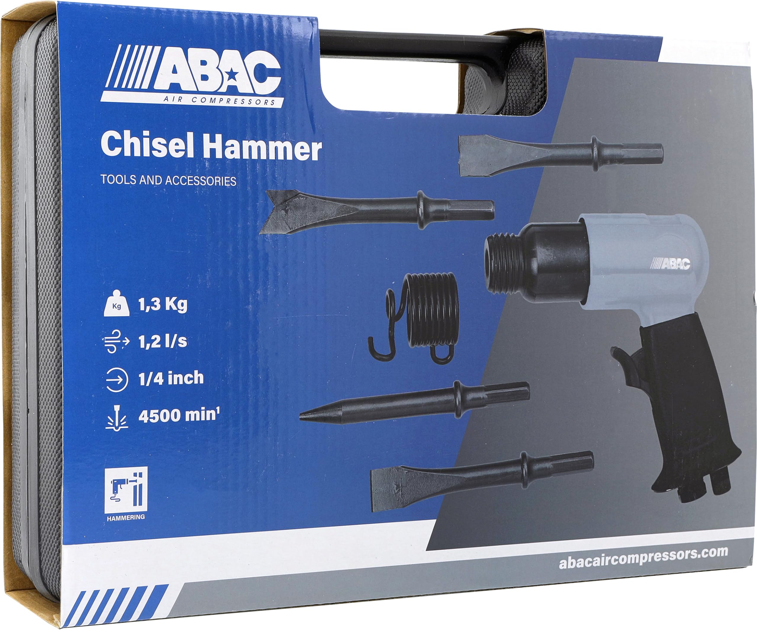 ABAC Burineur Pneaumatique G-425, Burineur avec Burins de 125 mm, Arrêt par Ressort, Mini Lubrificateur, Coups par Minute 4500 s/min, Pression Max. Pression 6.3 Bar