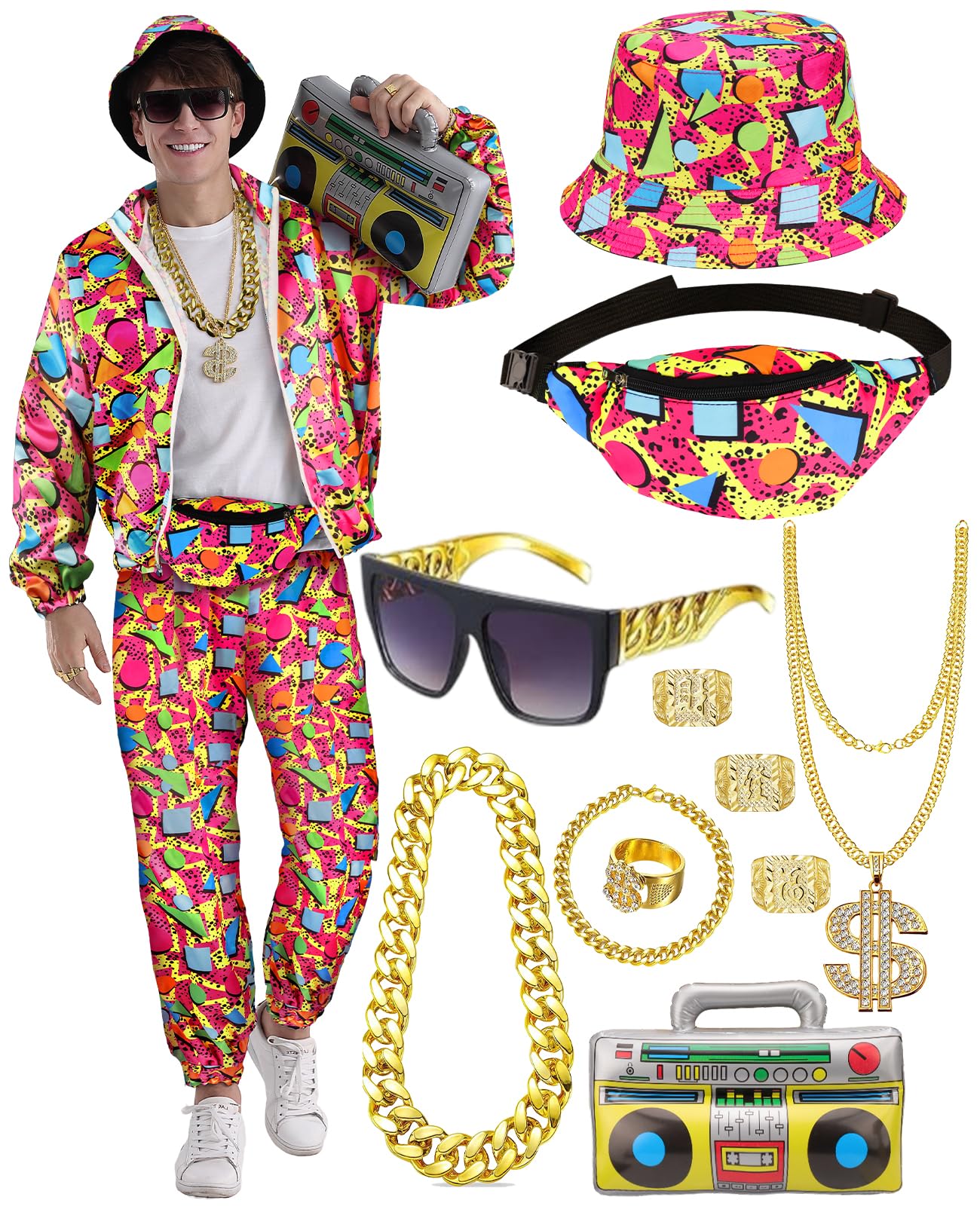 80er 90er Jahre Trainingsanzug Outfit Herren, Kostüm Jogginganzug Hose Set, Aufblasbarer Ghettoblaster Bauchtasche Sonnenbrille Hut Halskette Armband Ring, Hip Hop Sportbekleidung Karneval Mottoparty