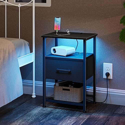 Miniatura 9 de LAKEMID Juego de 2 mesas auxiliares con estación de carga, mesa auxiliar estrecha con tira de luz LED para espacios pequeños, mesitas de noche con 2