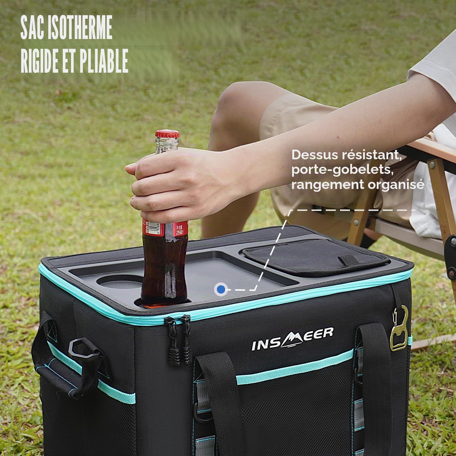 INSMEER isotherme Sac rigide de 40 l/60 canettes, avec tasse supérieure et ouvre-boîte, pour camping, pique-nique, plage