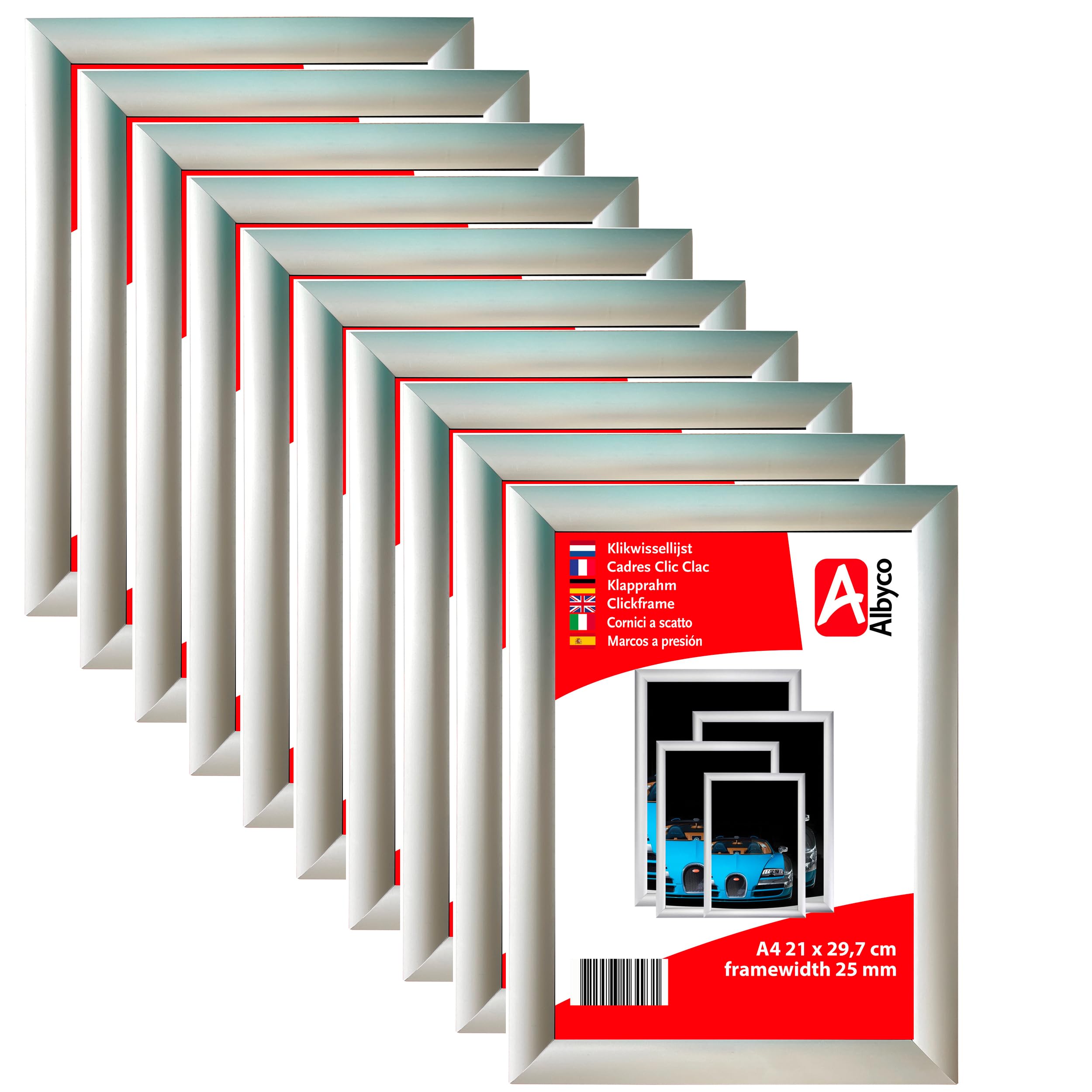 10 cadres Albyco Click, cadre à clic, Snapframe, cadre photo, format A4, 21 x 29,7 cm, largeur du cadre 25 mm, aluminium, métal, film antireflet