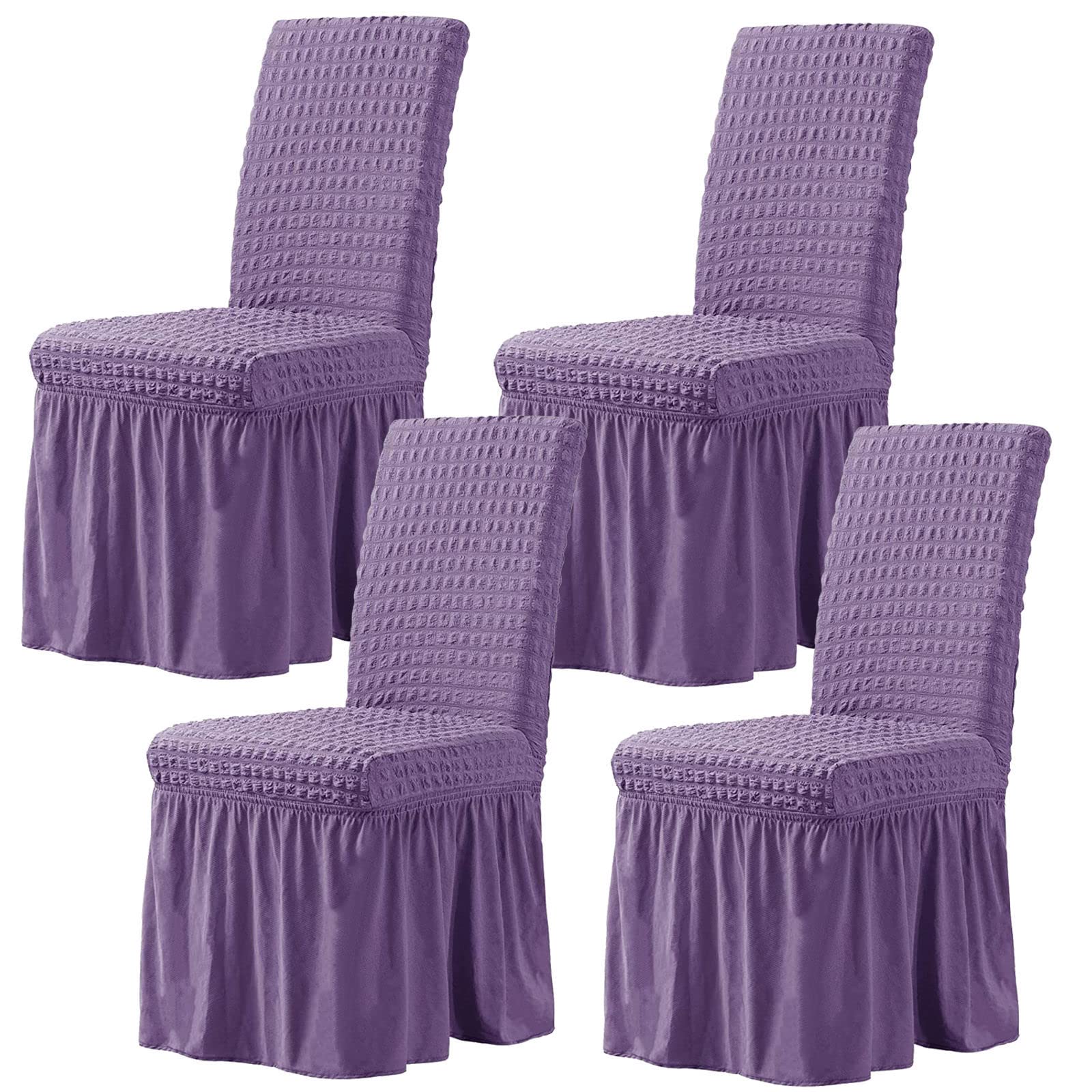 Stretch Dining Chair Covers Set Of 6, Stretch Seersucker Dining Room Chair Slipcovers With Skirt, Chair Covers For Home Party Hotel Wedding Ceremony-purple-set of 4
