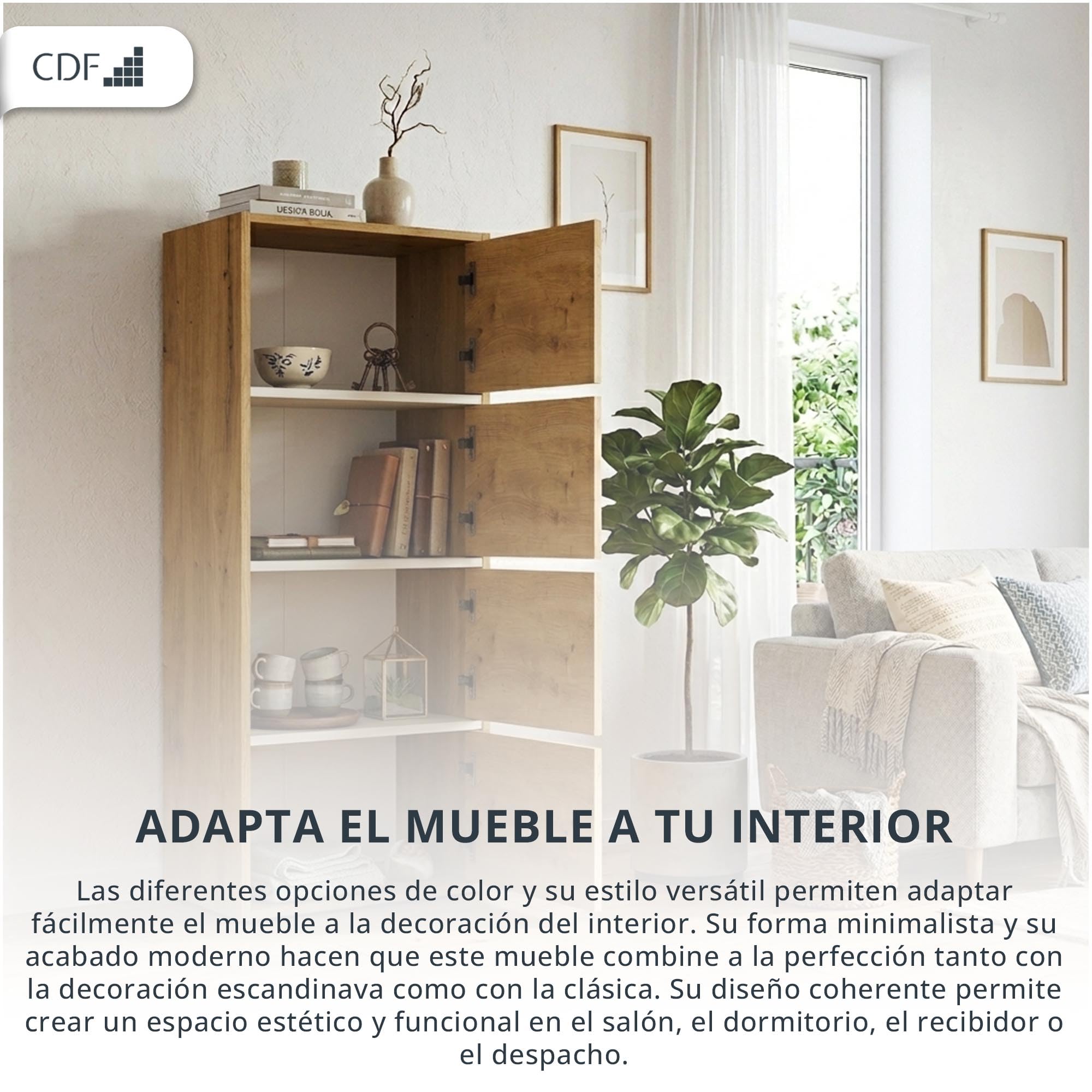 CDF Aparador Alto Armario 4 Puertas 50 cm estantes salón Dormitorio Pasillo Entrada Oficina Columna cajonera estantería Multiusos Ahorra Espacio Mueble cómoda Highboard Entrada sin Tiradores Roble