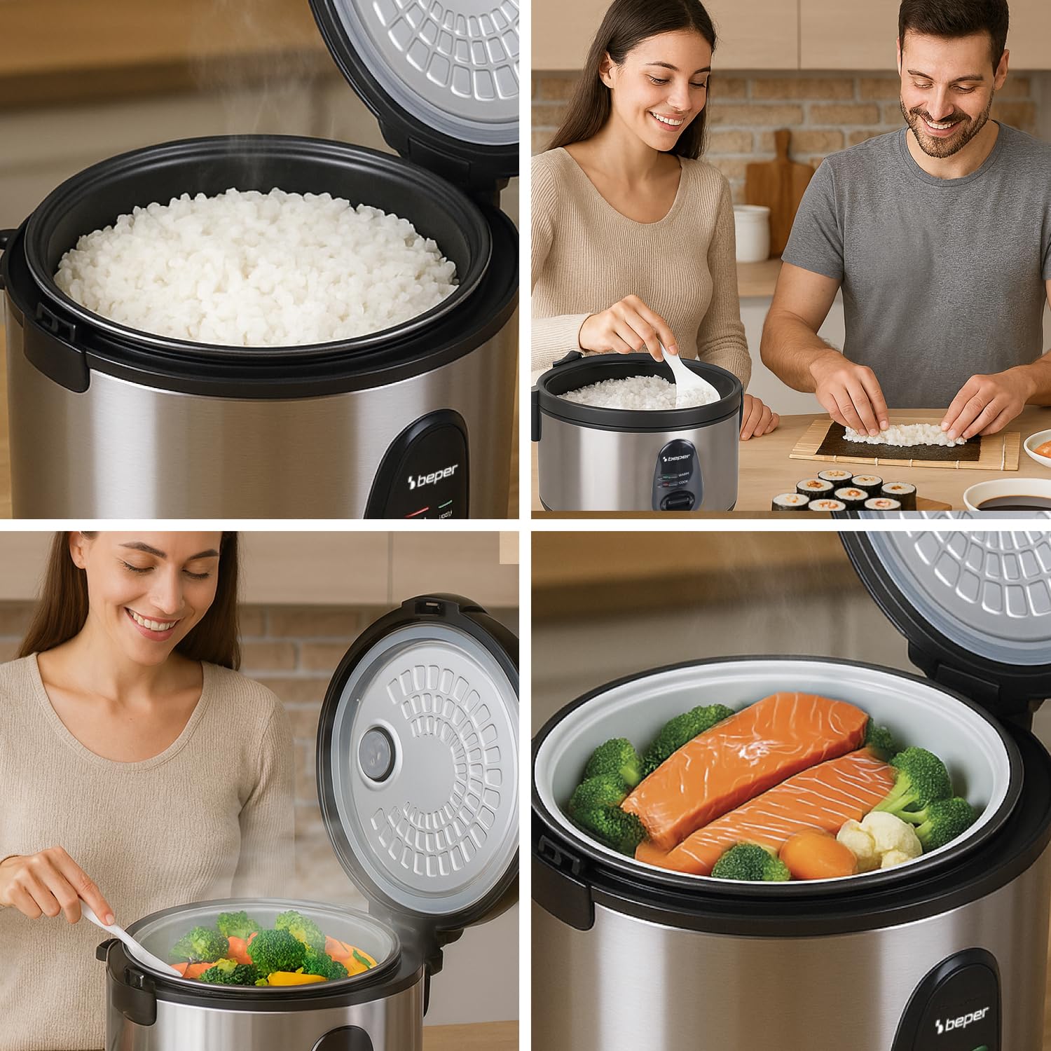 BEPER P101VAP020 Vaporé Max Cuociriso 1800g, Antiaderente, Funzione Mantieni Caldo, Cottura a Vapore, Acciaio Inox, Accessori Inclusi, BPA Free
