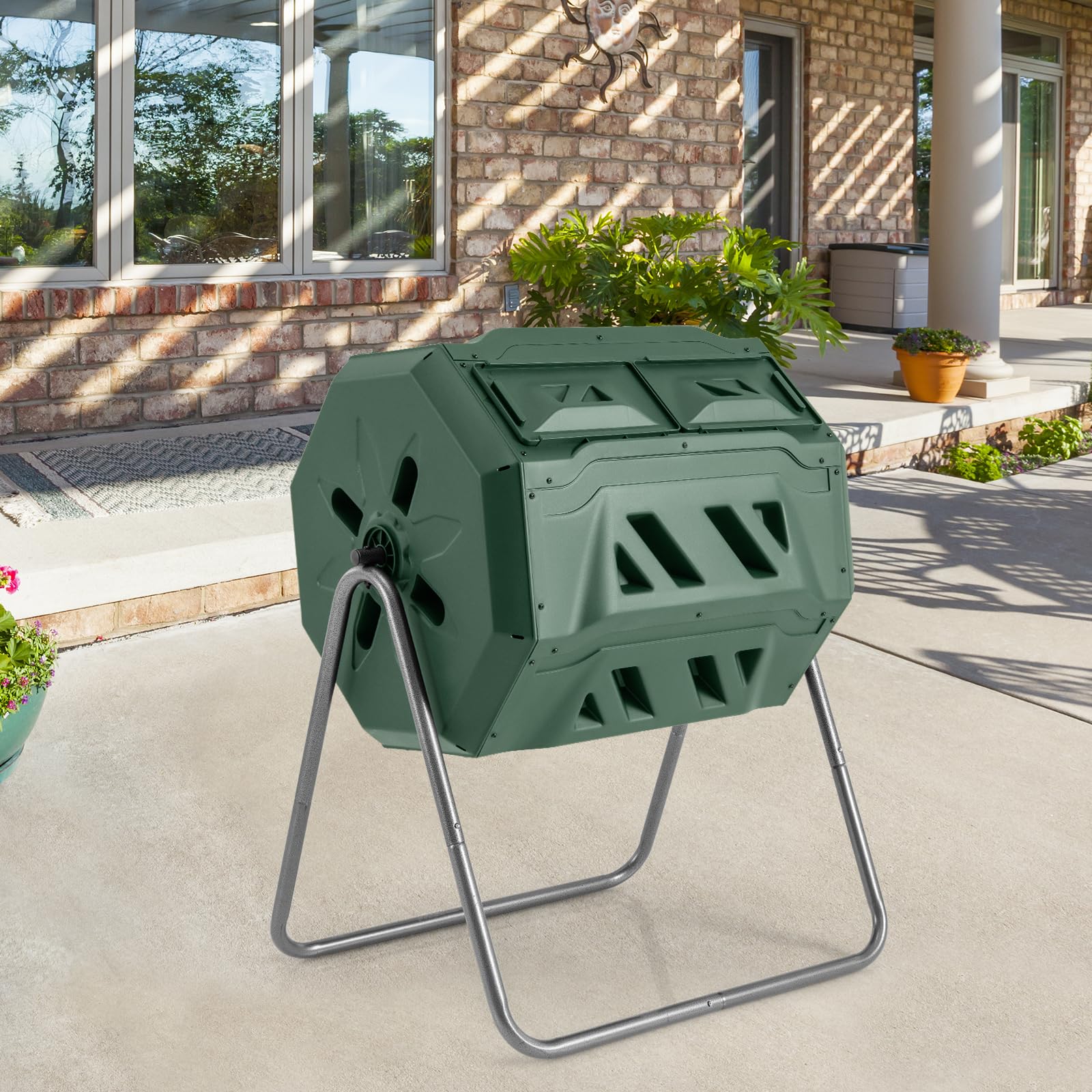 GOPLUS Compostador de tambor de 160 L, con 2 cámaras, 2 puertas correderas, marco de metal y 16 rejillas de ventilación, sin BPA, compostador de jardín para residuos orgánicos y de jardín, incluye