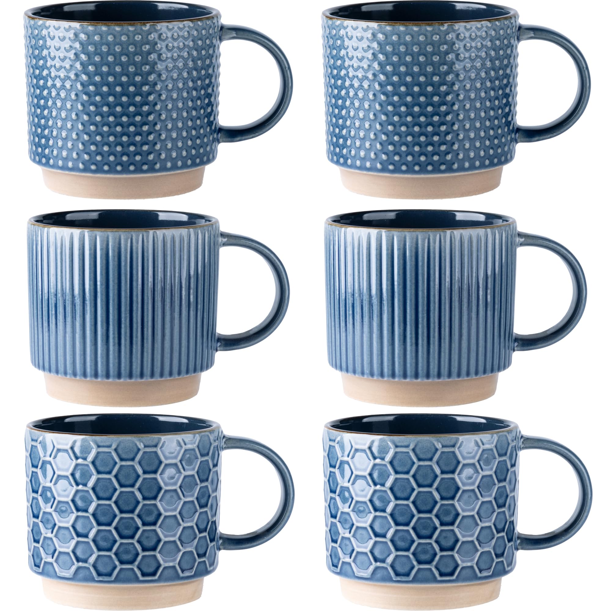 GBhome 12 OZ Stackable Coffee Mugs Set of 6, Ceramic Coffee Mugs with Texture Patterns for Man,Woman,Dad,Mom, Modern Coffee Cups for Latte/Cappuccino/Cocoa. Dishwasher&Microwave Safe