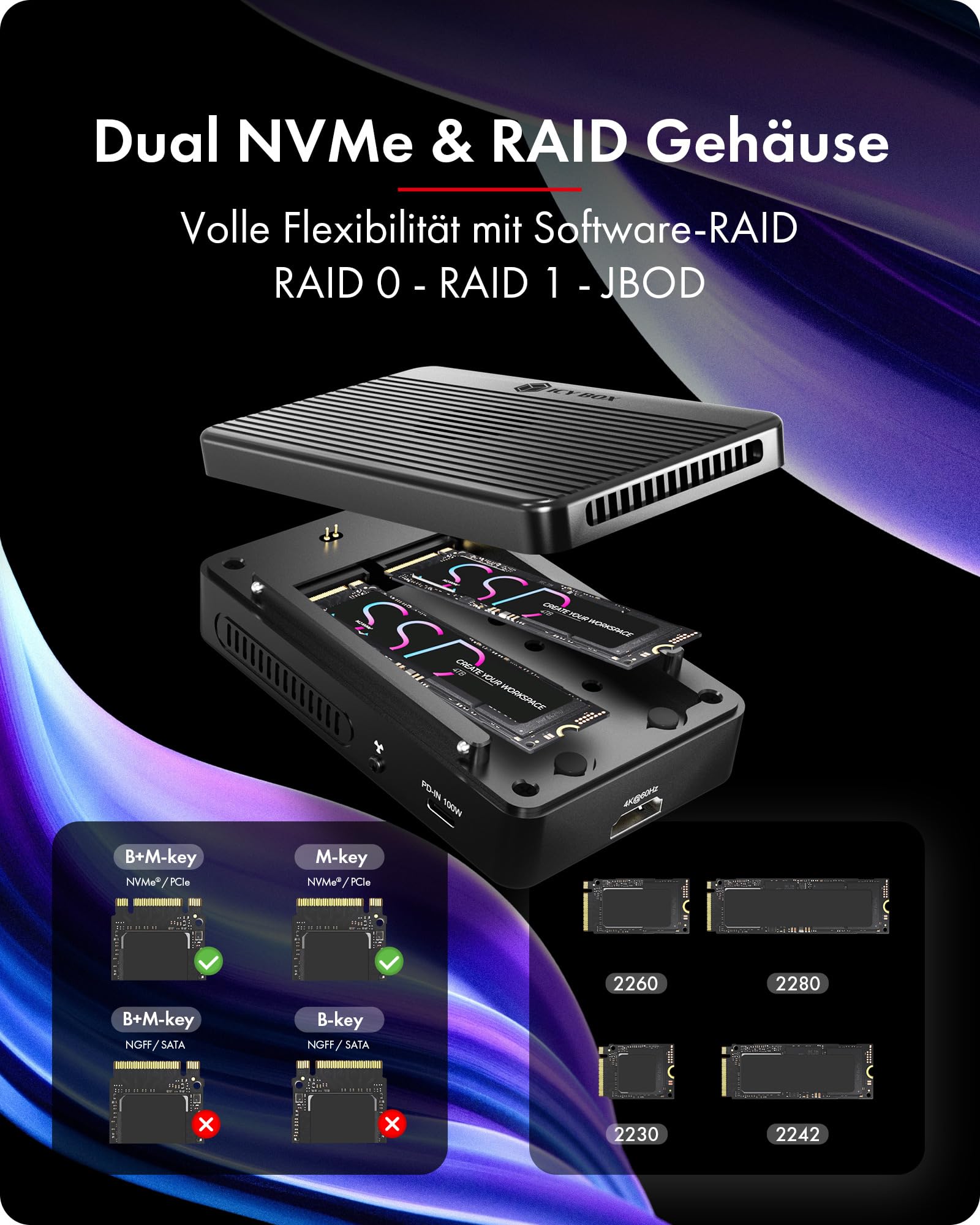 ICY Box Thunderbolt RAID Docking Station Dual M.2 NVMe SSD Gehäuse Thunderbolt 3 USB4 8K USB-C 4K HDMI USB-A aktiver Lüfter NVMe Dock
