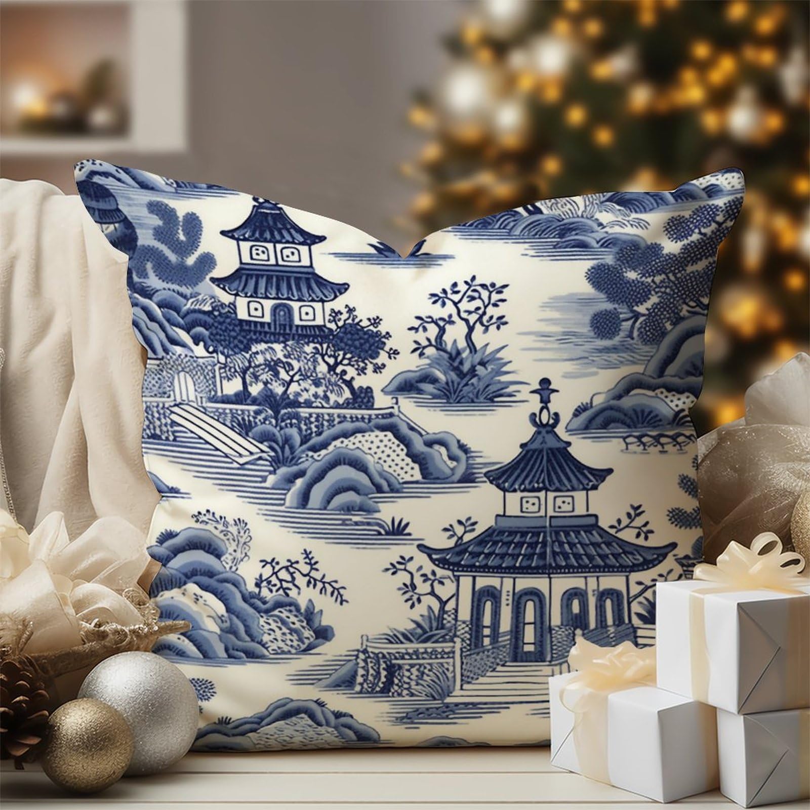 Woguangis A-6 Chinoiserie Garden Asian Pagoda Cushion Cover Nanjing Blue And White Pagoda Pillow Covers Chinoiserie Style Throw Pillow Case 16X16in White Linen Pillows For Living Room Bedroom