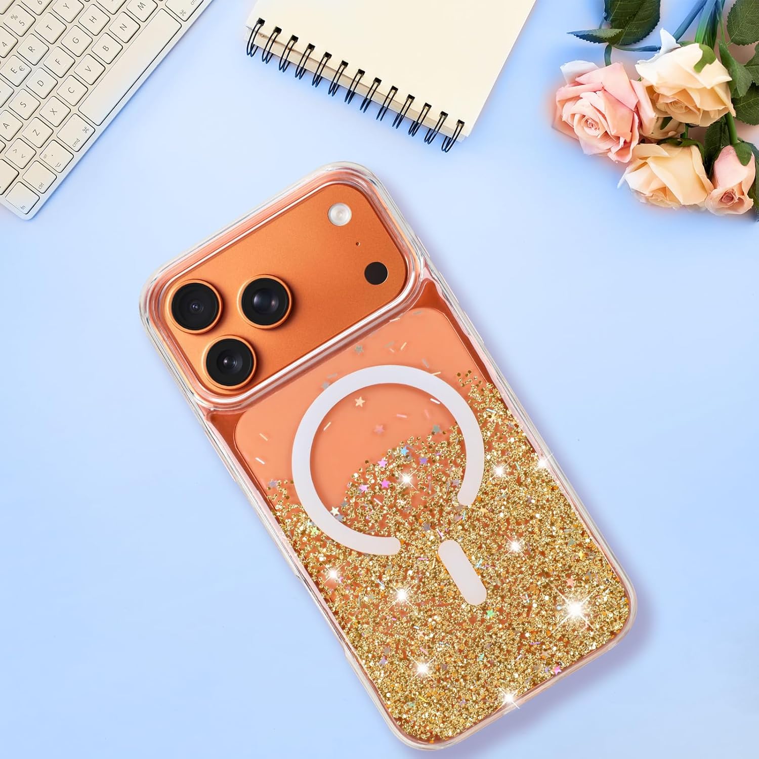 Bonoma for iPhone 17 Pro Max Case 2025 Sparkly Glitter Bling Back, Magnetic Compatible with MagSafe Shockproof, Crystal and Clear High-Duty Protection for Girls Women -Sparkly Gold - Image 6