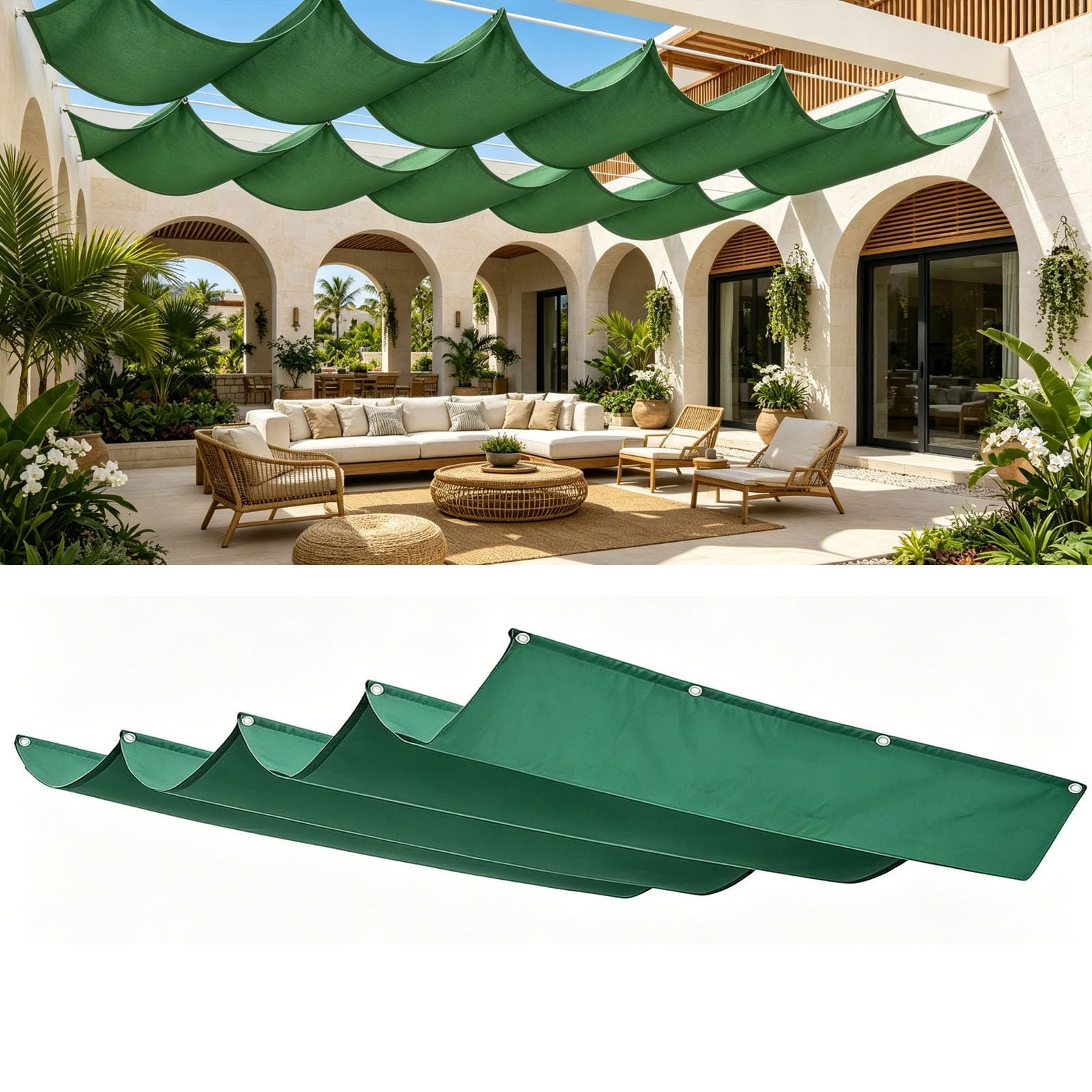 Voile-D'Ombrage Rétractable Vague 3.4 x 3.8 m Rectangulaire Imperméable Anti-UV et Indéchirable Contre Le Vent Rectangulaire Toile Ombrage pour Patio Jardin Terrasse, Vert Foncé