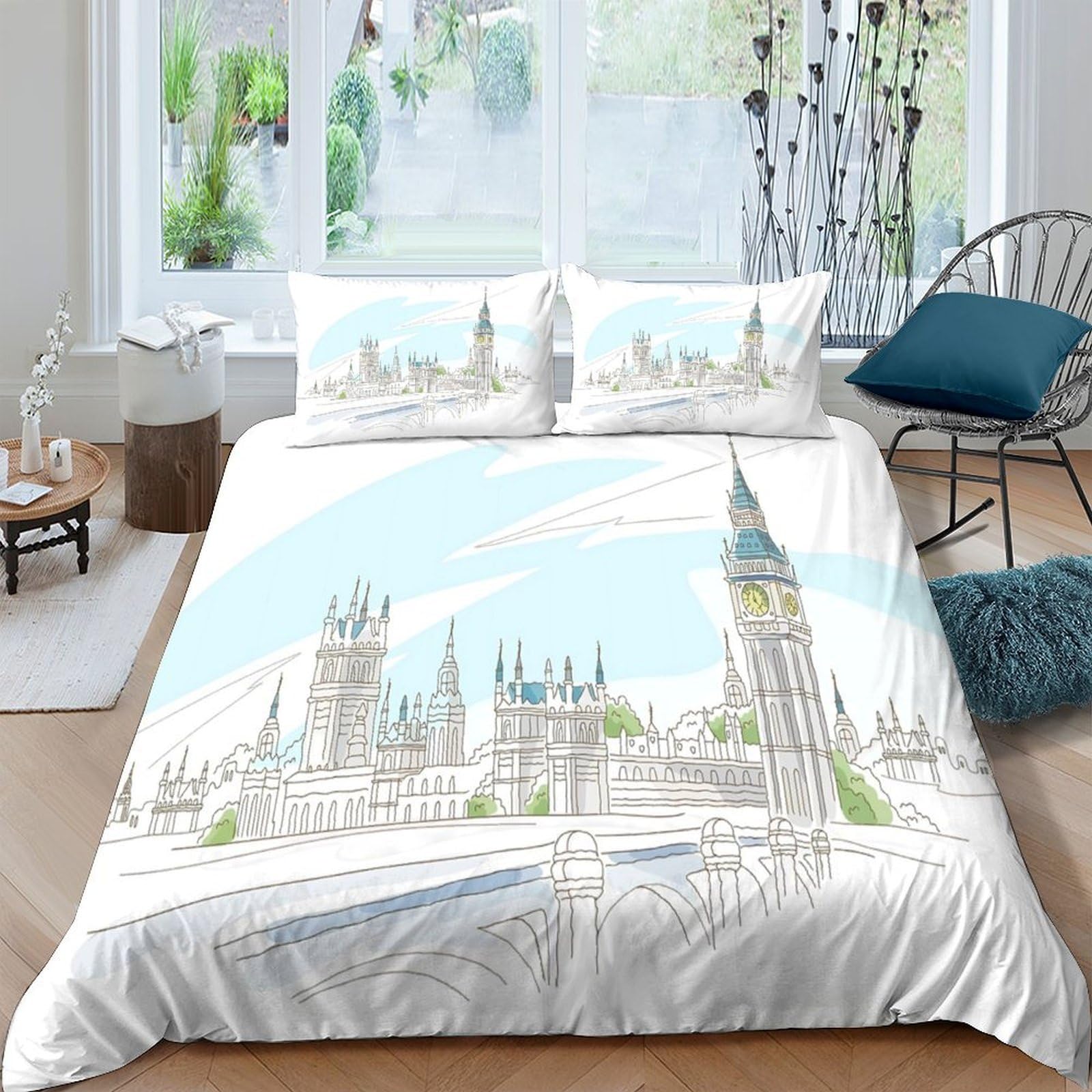 Ctjqhvkz Style-8 3D Printed London Cityscape Fitted Sheet Microfiber Soft White Blue Bed Cover For Bedroom Dorm Mattress Protection Decor Single（135X200cm）