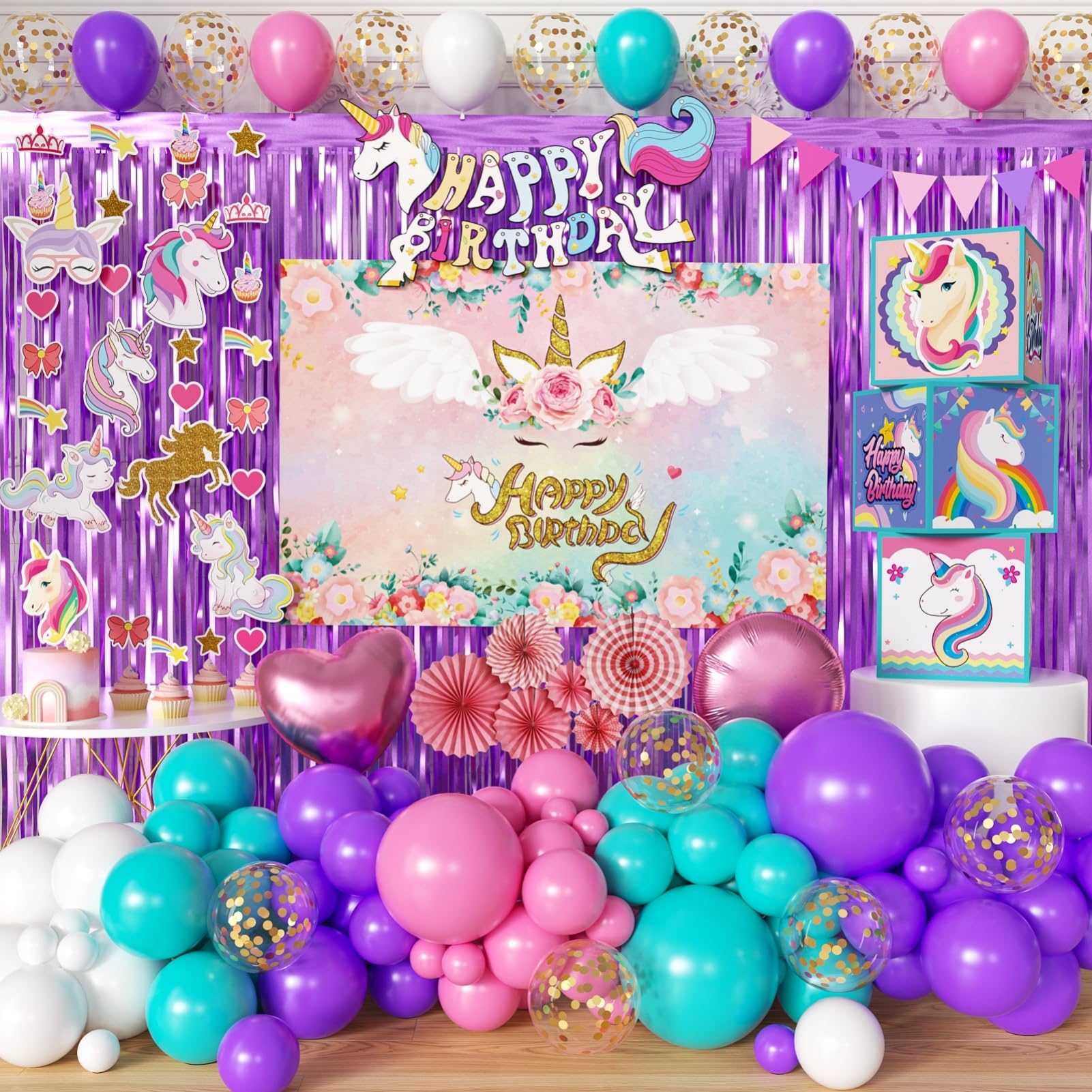 Unicorn Birthday Party Supplies Unicorn Party Decorations Kits for Girls with Party boxes, Backdrop, Balloons, Curtains and Banners
