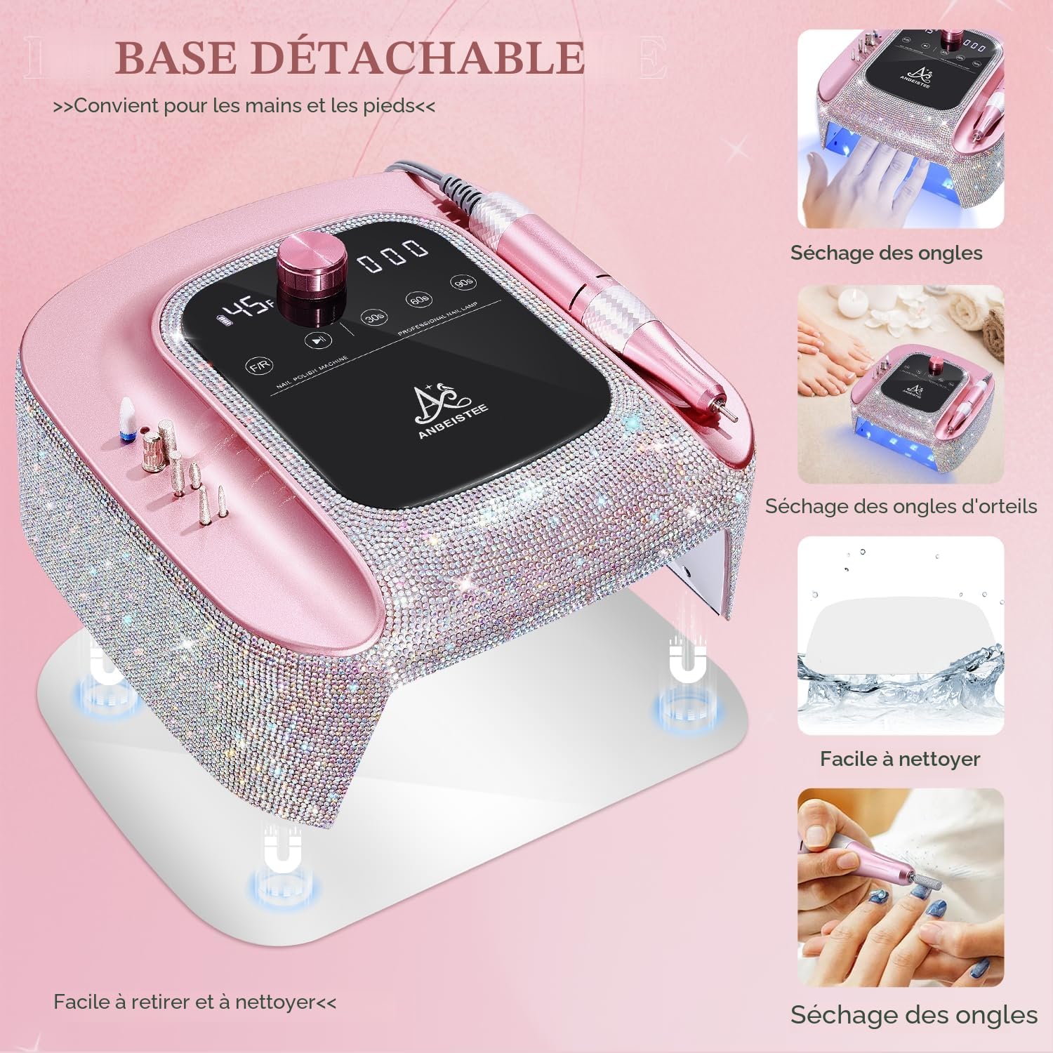 2-en-1 Ponceuse pour Ongles et Lampe UV pour Les Ongles, Electrique Ponceuse pour Ongles Rechargeable Professionnelle de 45000 RPM, Lampe à Ongles UV, Lampe de Séchage Rapide des Ongles