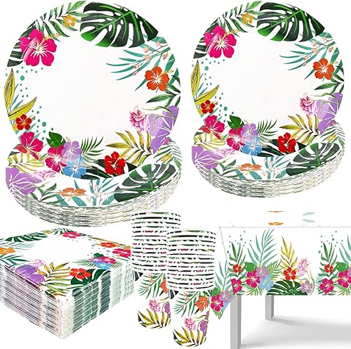 121 piezas de decoraciones de fiesta hawaiana Luau, suministros de vajilla de fiesta tropical Aloha que incluyen platos, servilletas, tazas y mantel disponible en Yaxa Colombia